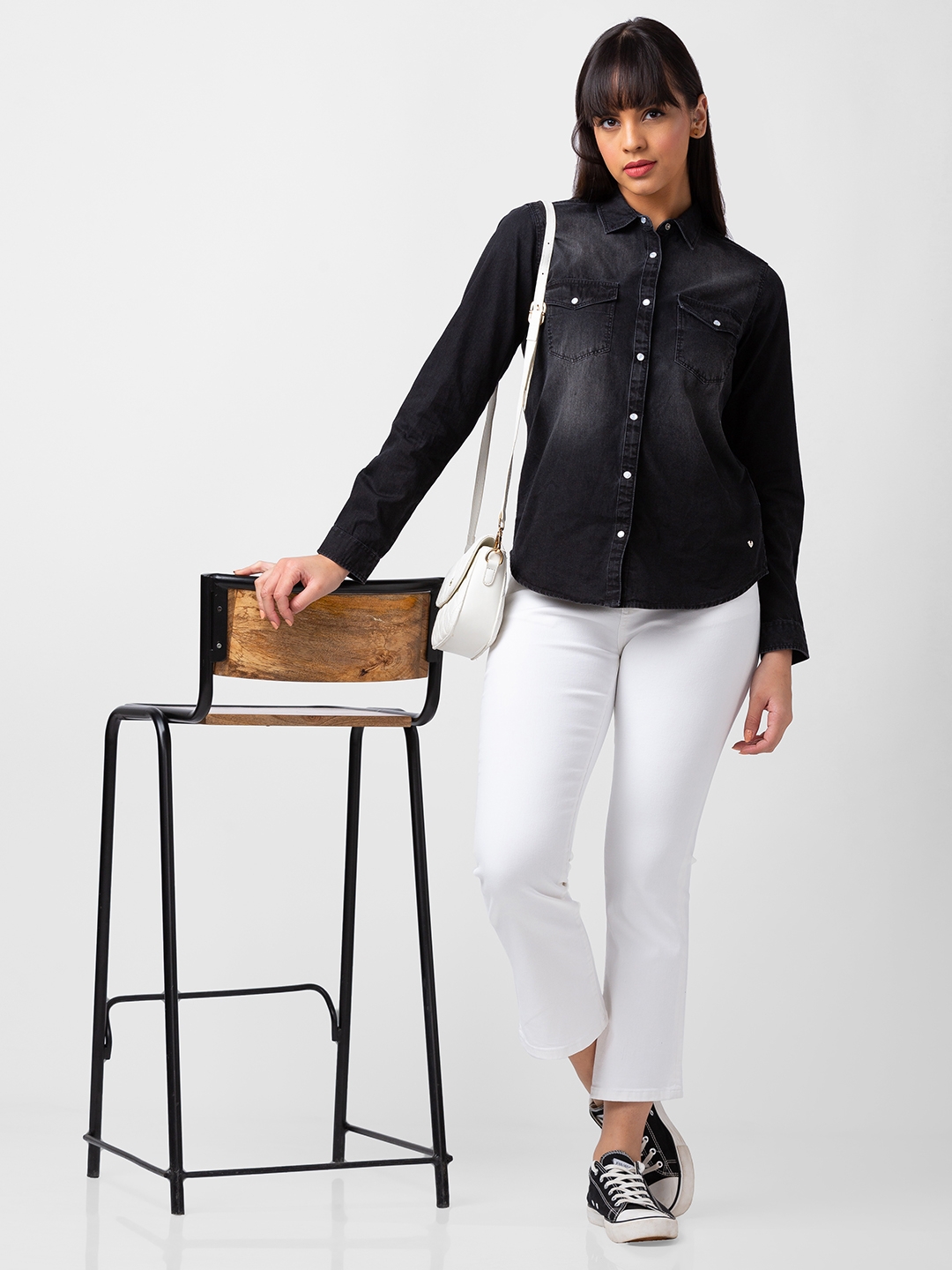 spykar | Spykar Women Black Cotton Regular Fit Denim Shirt 5
