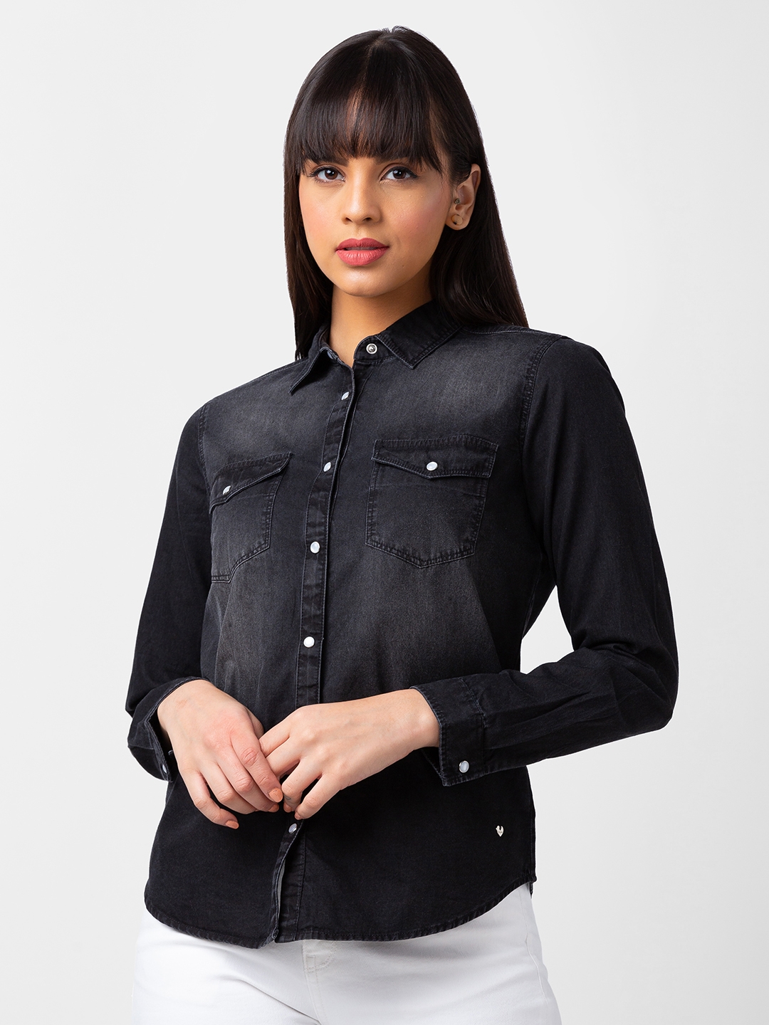 spykar | Spykar Women Black Cotton Regular Fit Denim Shirt 0