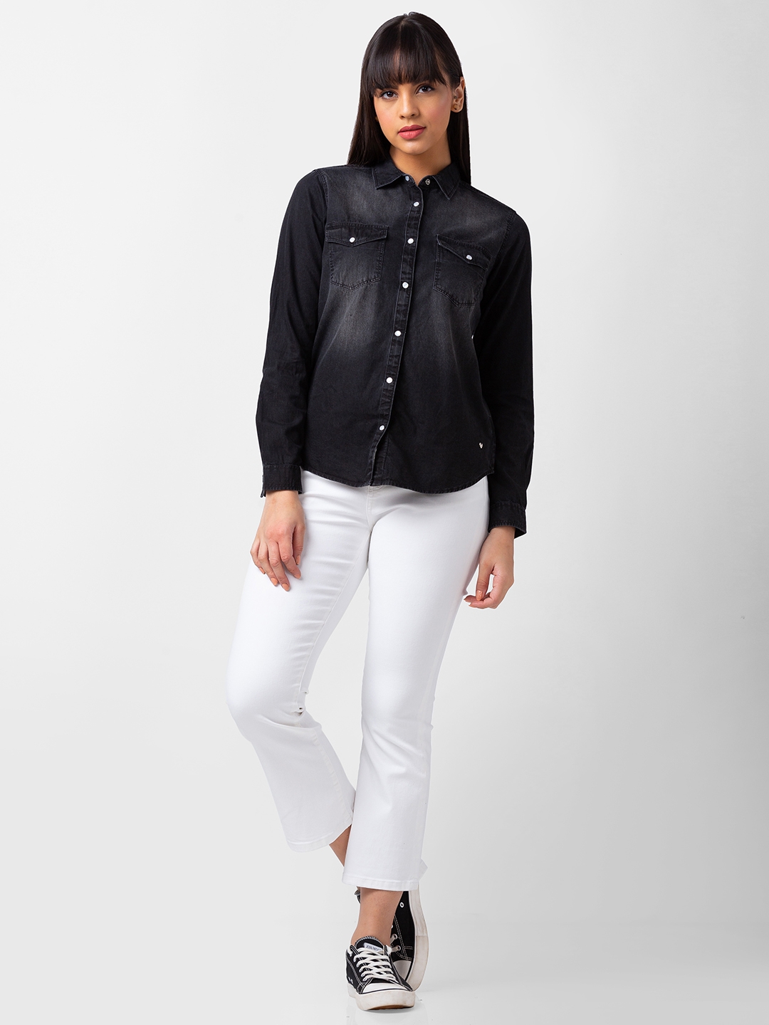 spykar | Spykar Women Black Cotton Regular Fit Denim Shirt 1