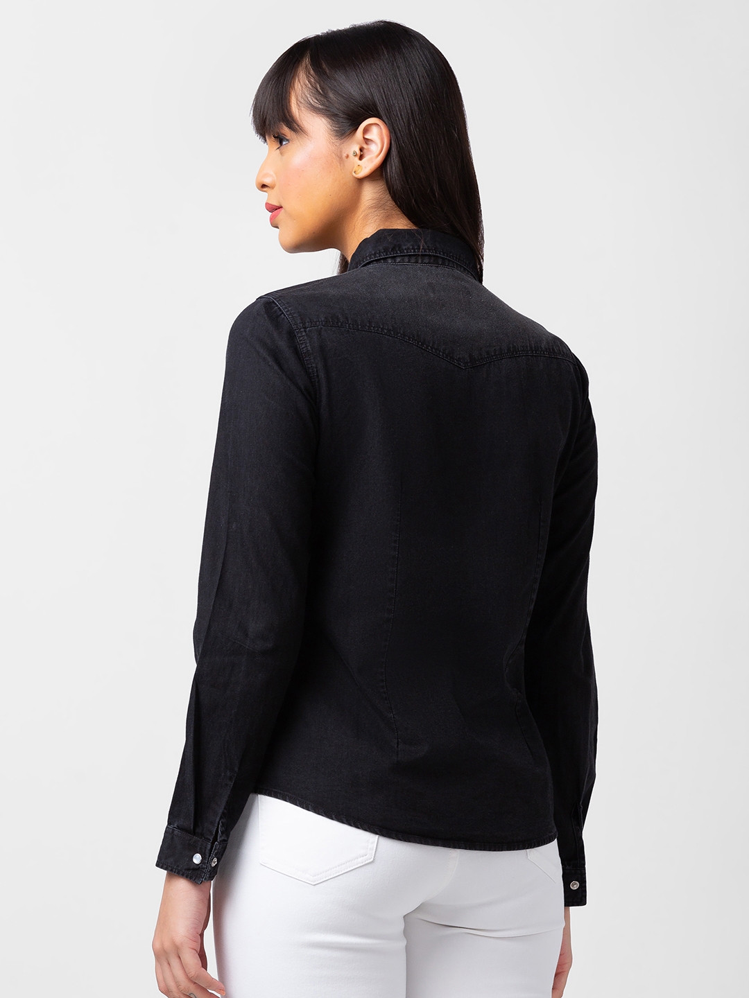 spykar | Spykar Women Black Cotton Regular Fit Denim Shirt 2