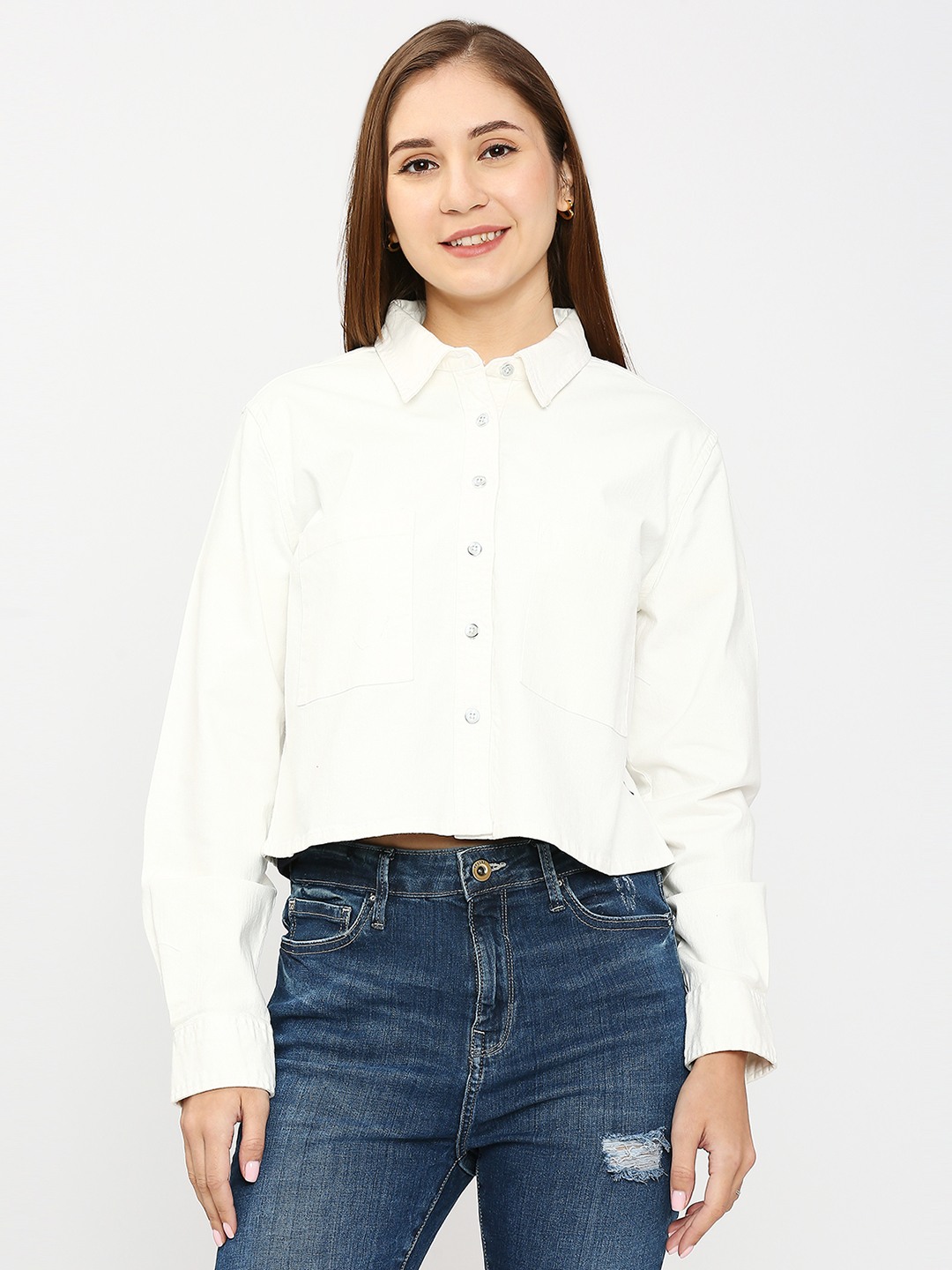 Spykar Women Off White Cotton Slim Fit Plain Crop Shirt