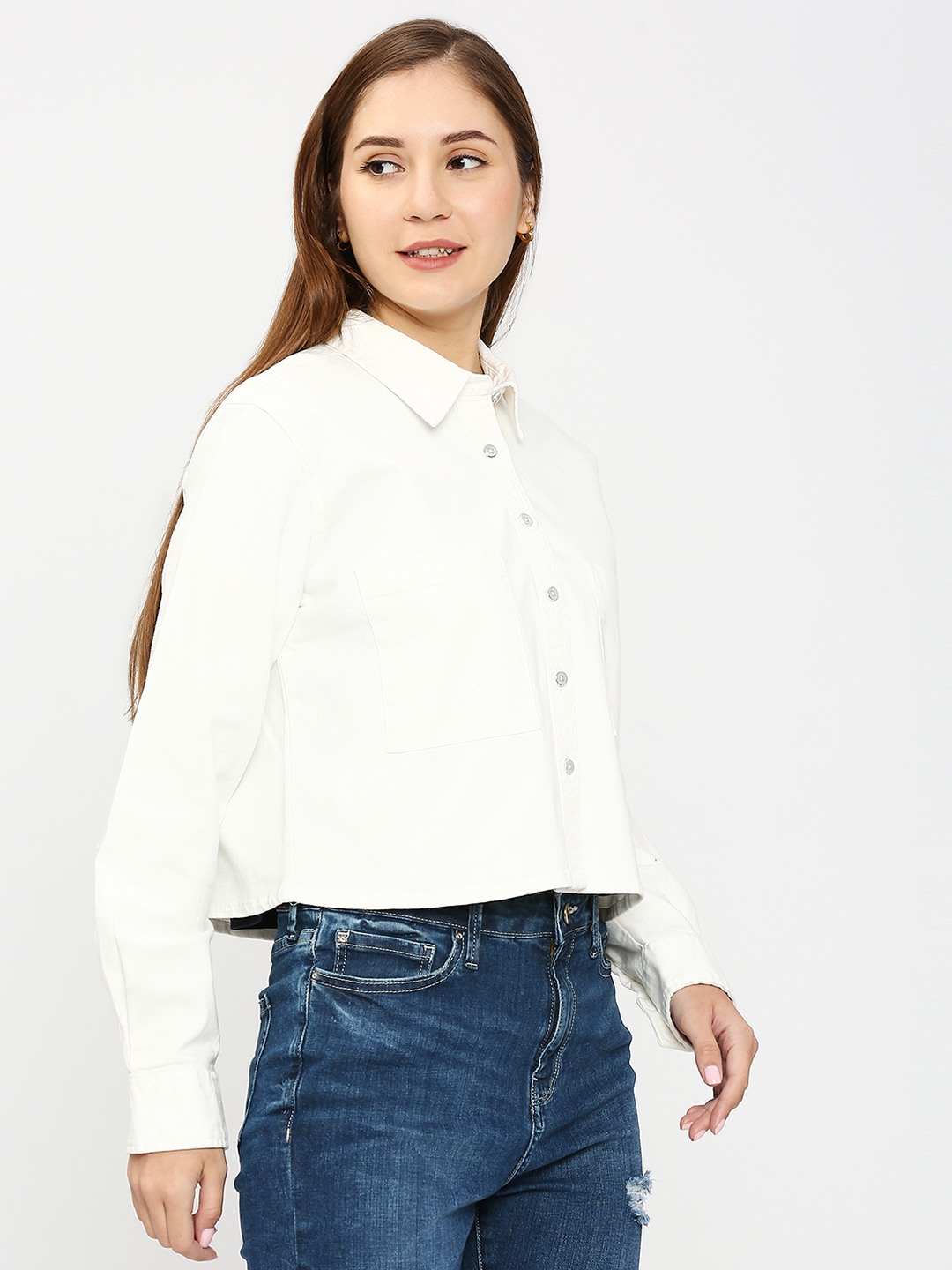 Spykar Women Off White Cotton Slim Fit Plain Crop Shirt