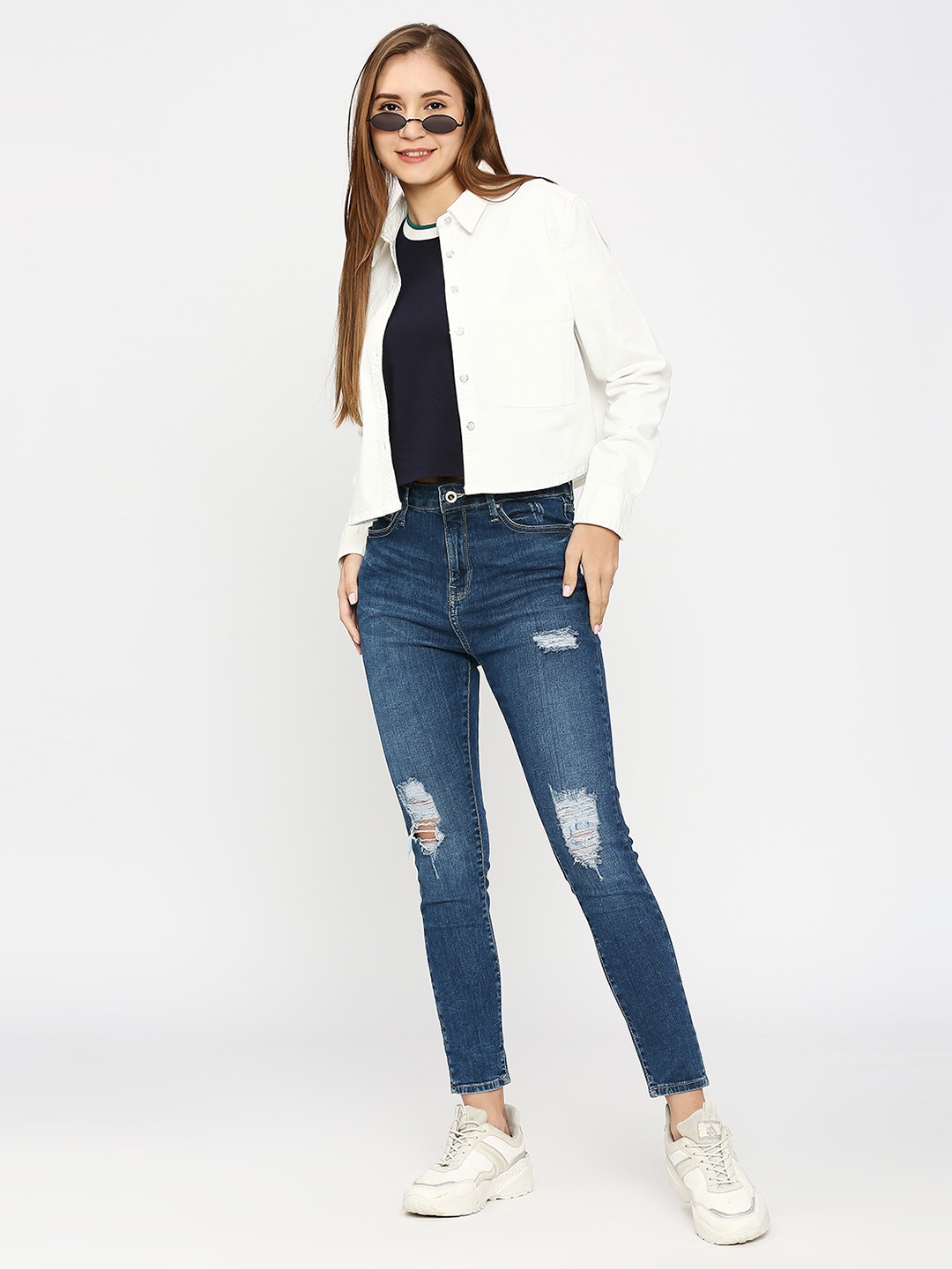 Spykar Women Off White Cotton Slim Fit Plain Crop Shirt