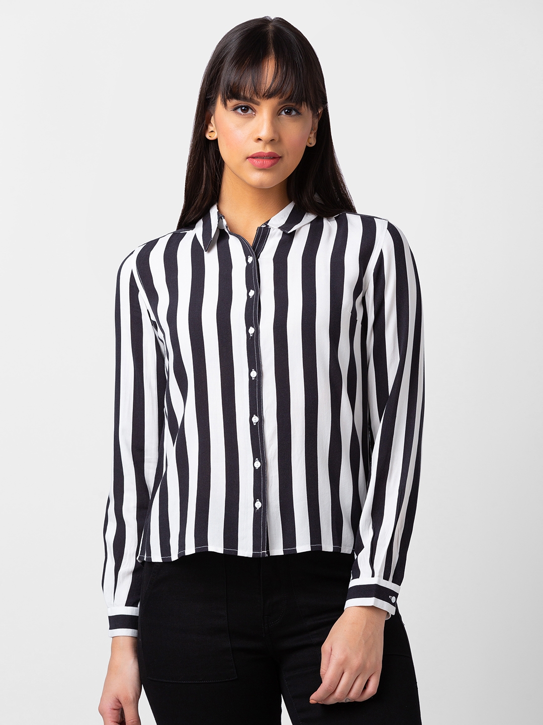 spykar | Spykar Women Black Reyon Regular Fit Striped Shirt 0
