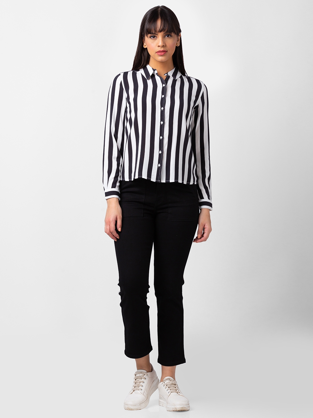 spykar | Spykar Women Black Reyon Regular Fit Striped Shirt 1