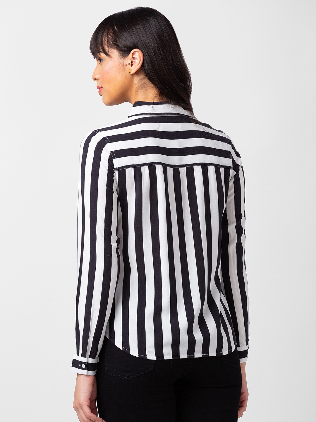 spykar | Spykar Women Black Reyon Regular Fit Striped Shirt 2