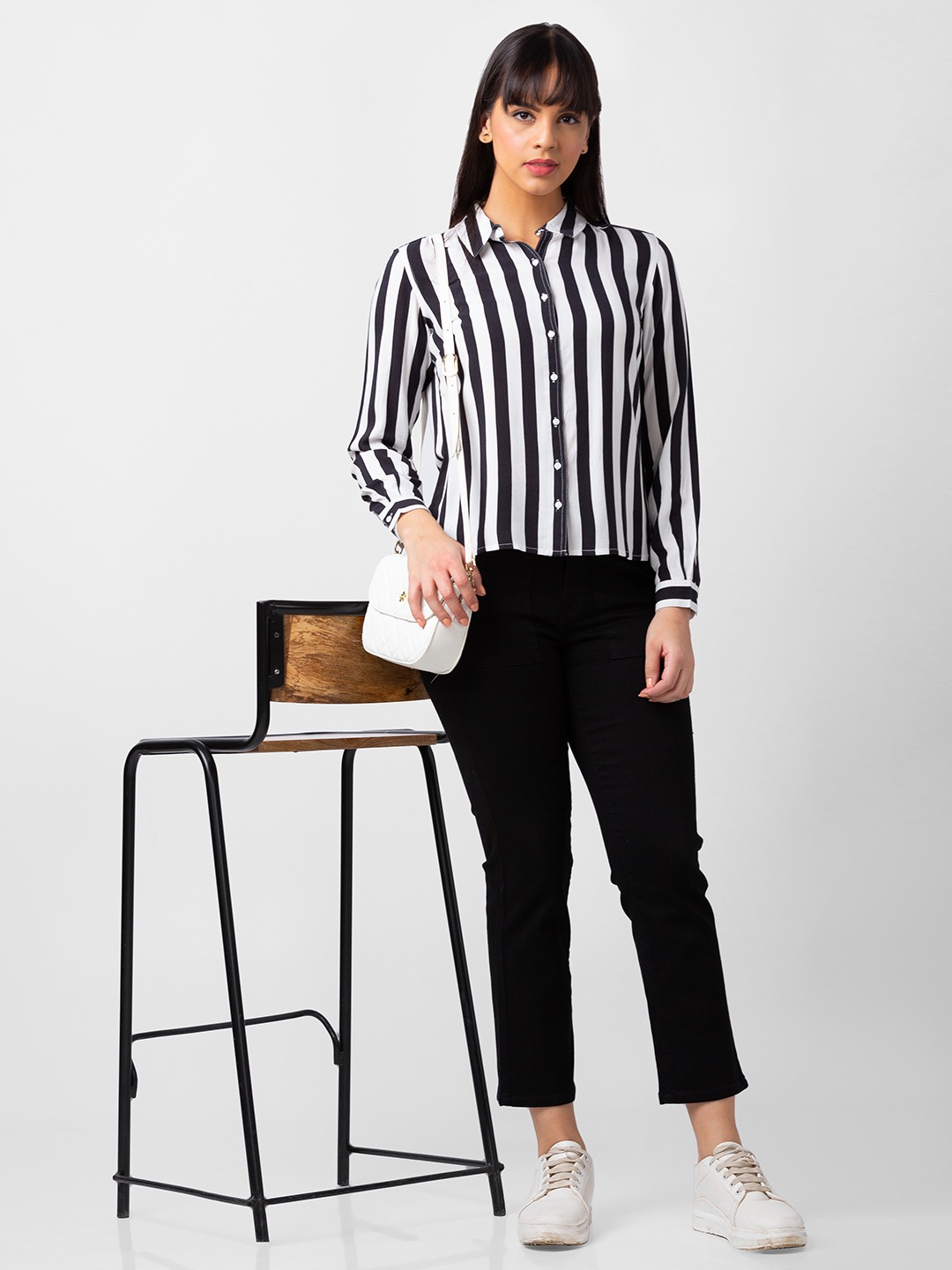 spykar | Spykar Women Black Reyon Regular Fit Striped Shirt 5