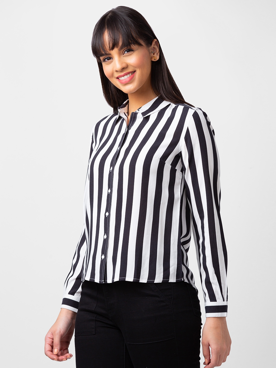 spykar | Spykar Women Black Reyon Regular Fit Striped Shirt 3