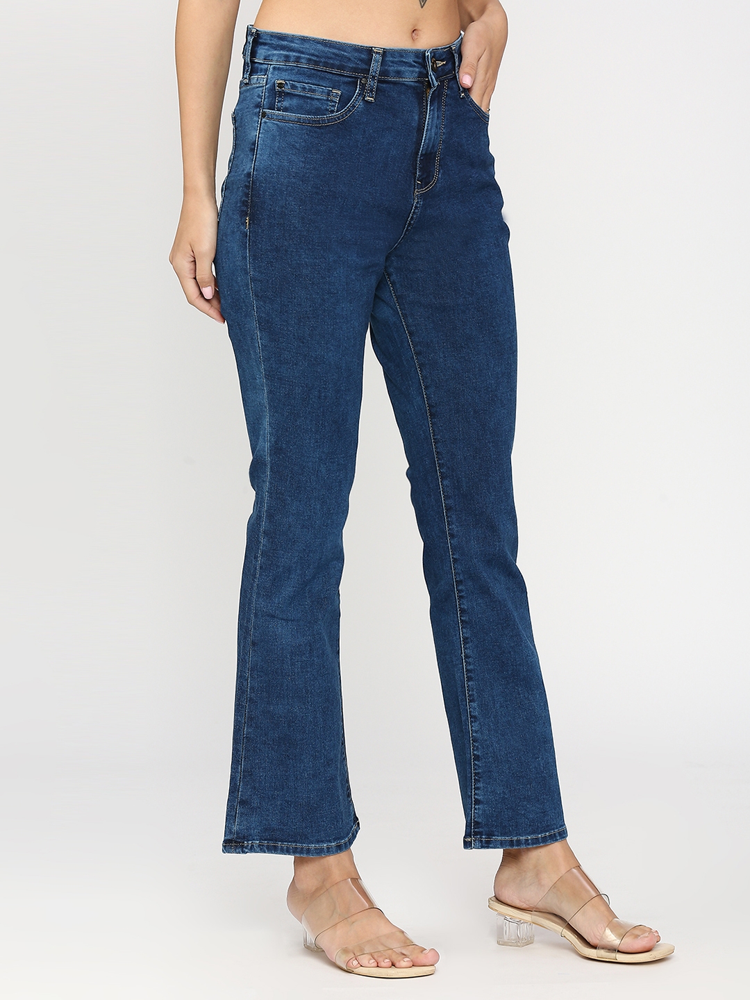 Spykar | Spykar Women Raw Blue Cotton Bootcut Fit Ankle Length Clean Look High Rise Jeans (Elissa) 2