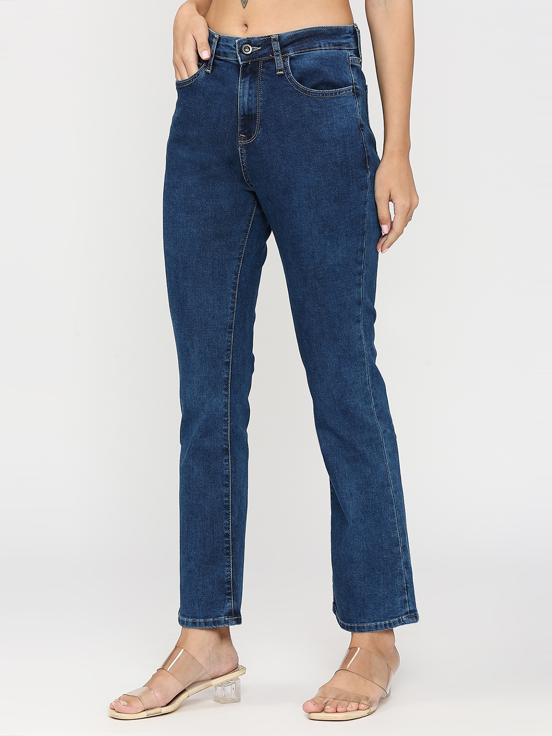 Spykar | Spykar Women Raw Blue Cotton Bootcut Fit Ankle Length Clean Look High Rise Jeans (Elissa) 1