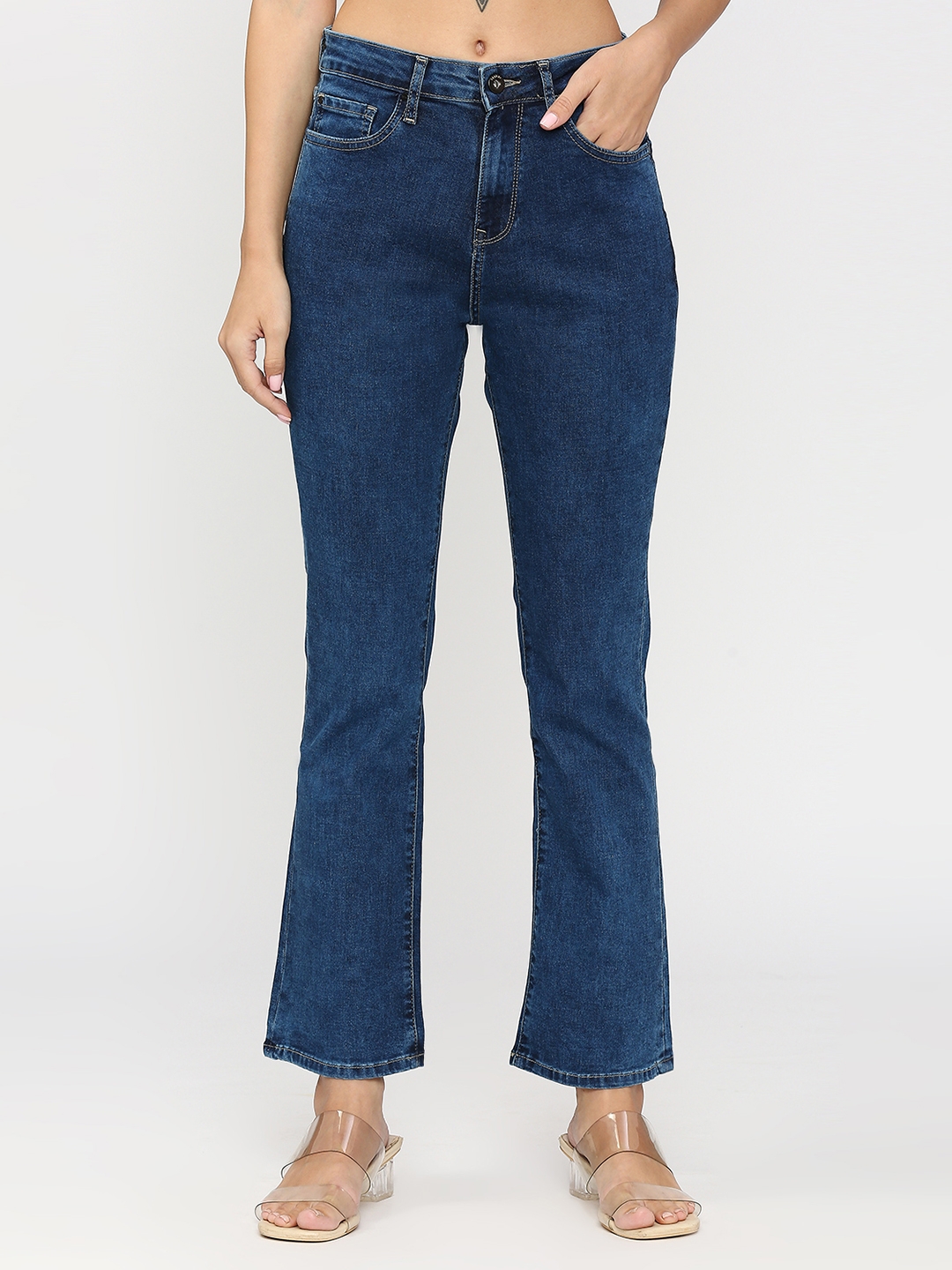Spykar | Spykar Women Raw Blue Cotton Bootcut Fit Ankle Length Clean Look High Rise Jeans (Elissa) 0