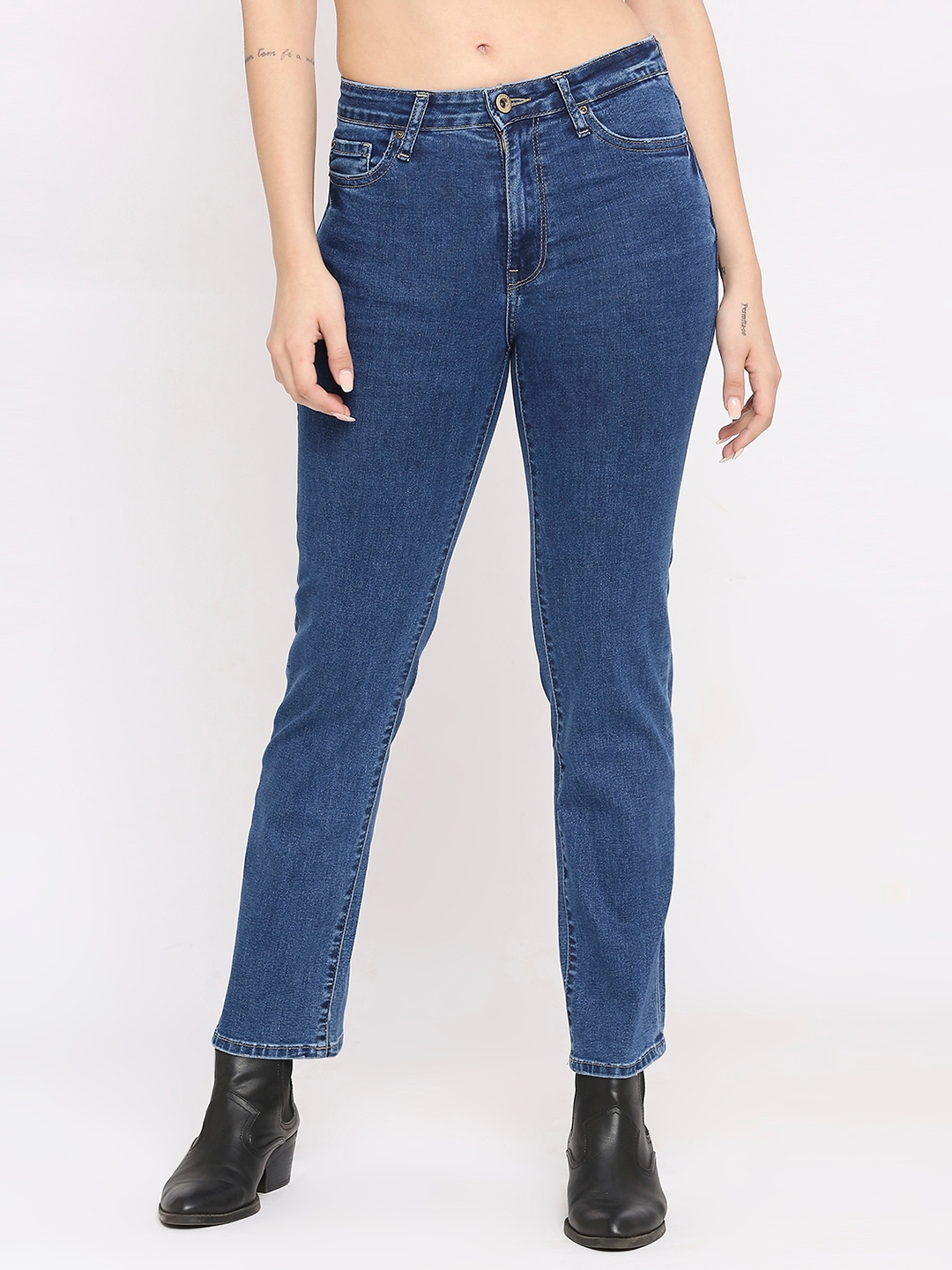 Spykar | Spykar Women Mid Blue Lycra Slim Straigth Fit - Clean Look Mid Rise Jeans-(Emma) 0