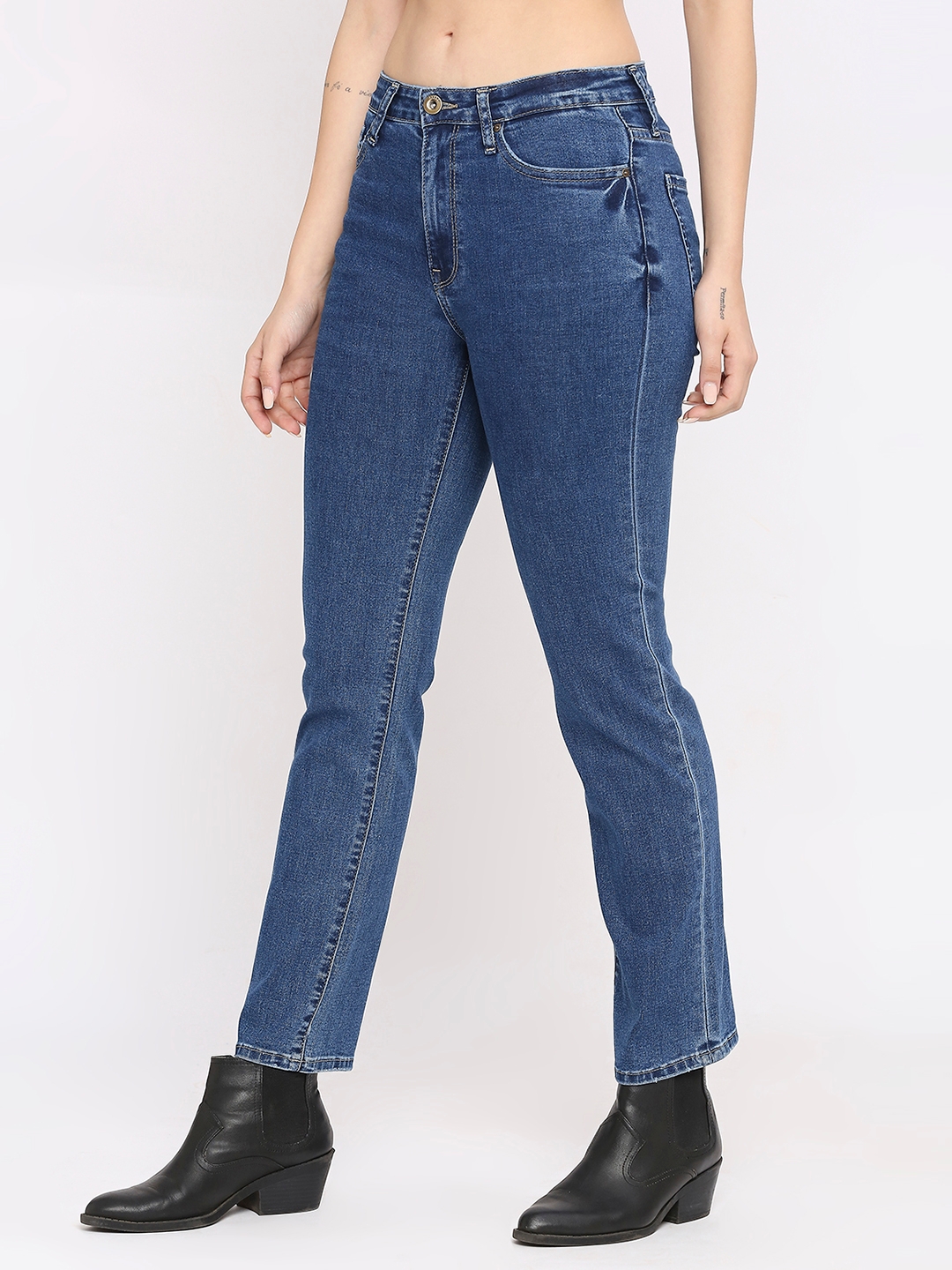 Spykar | Spykar Women Mid Blue Lycra Slim Straigth Fit - Clean Look Mid Rise Jeans-(Emma) 1