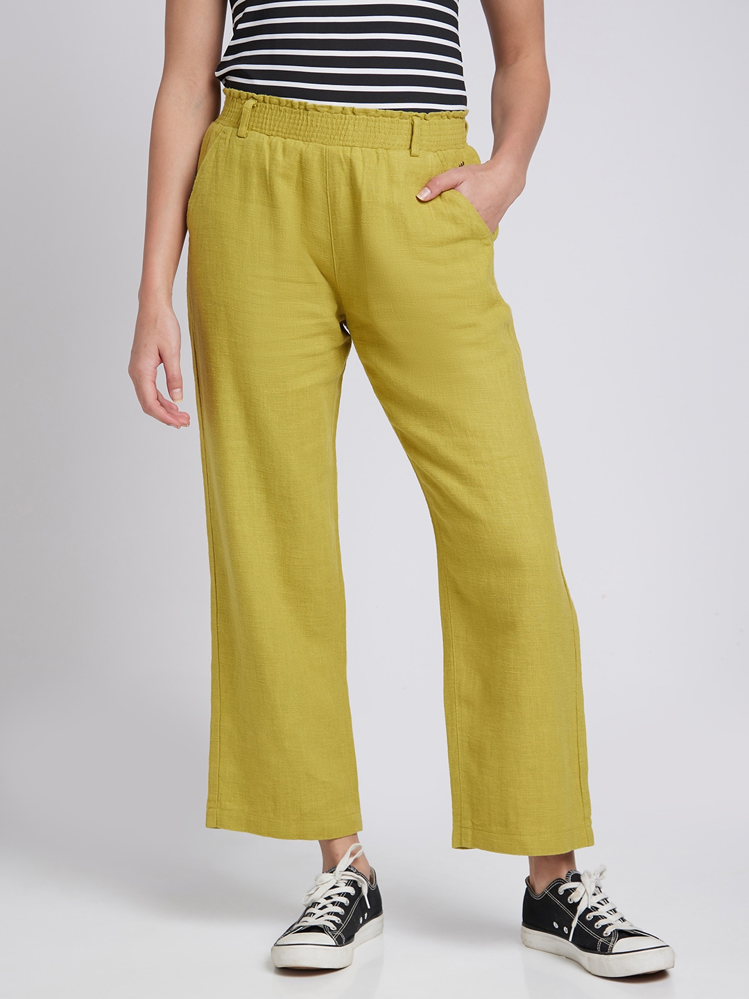 spykar | Women's Yellow Linen Solid Trousers 0