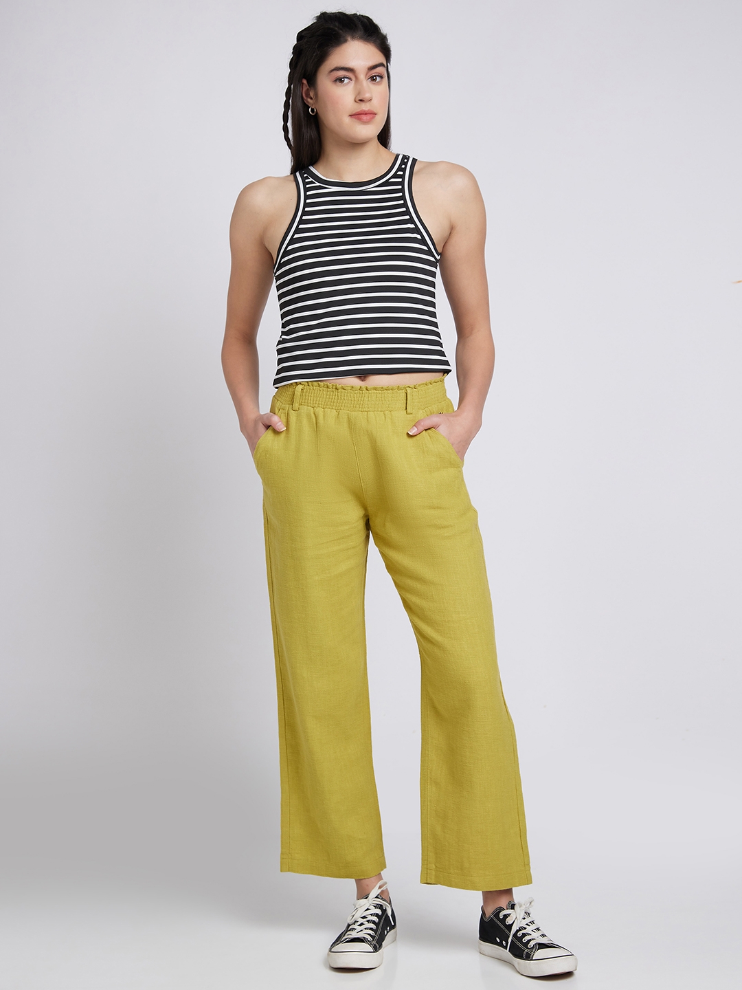 spykar | Women's Yellow Linen Solid Trousers 1