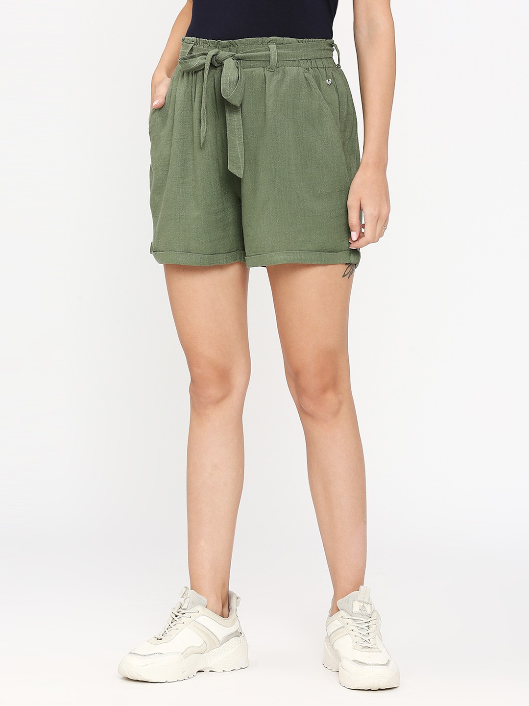 Spykar Women Olive Regular Fit Cotton Above Knee Length Cargo Shorts spykar