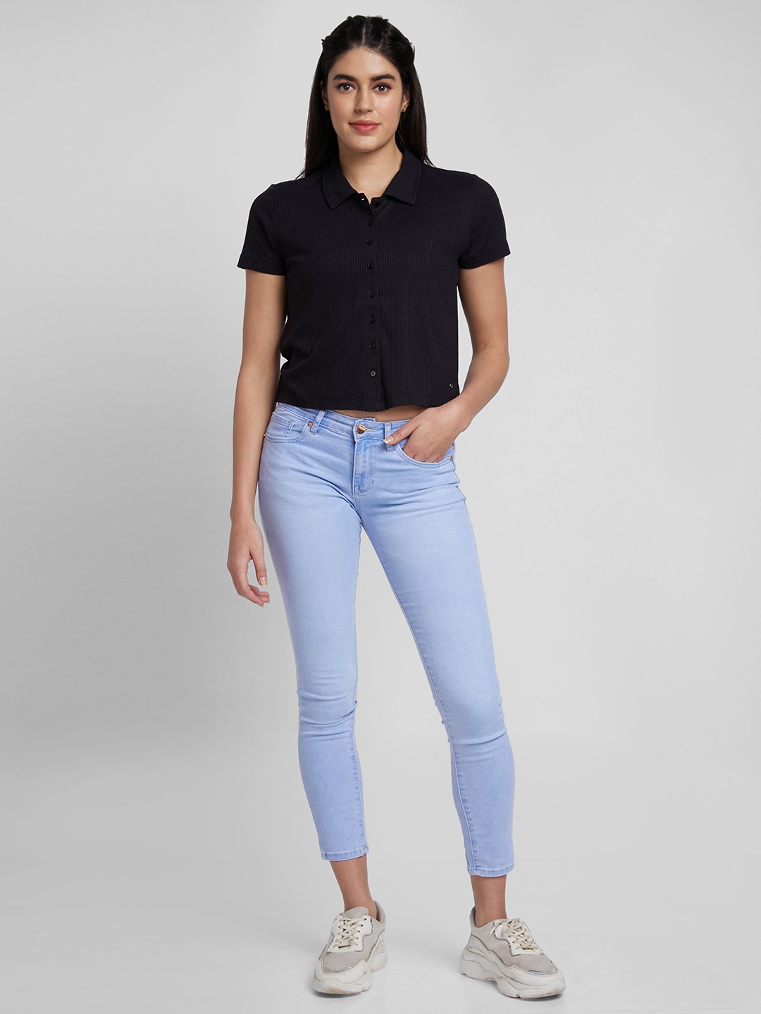 Spykar Women Black Blended Slim Fit Plain Polo Neck Tshirt