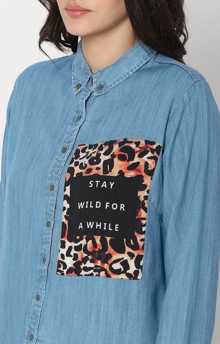 Women's Blue Cotton Solid Casual Shirts