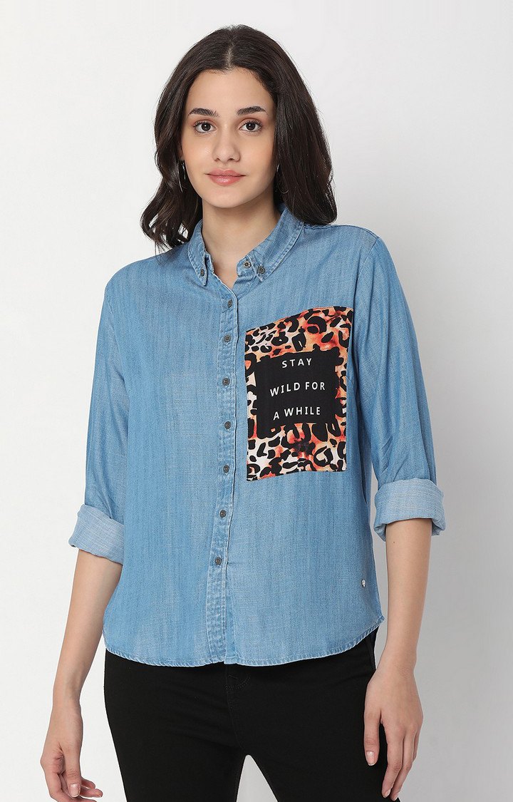 Women's Blue Cotton Solid Casual Shirts