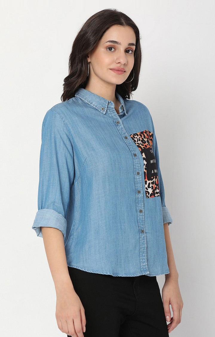 Women's Blue Cotton Solid Casual Shirts