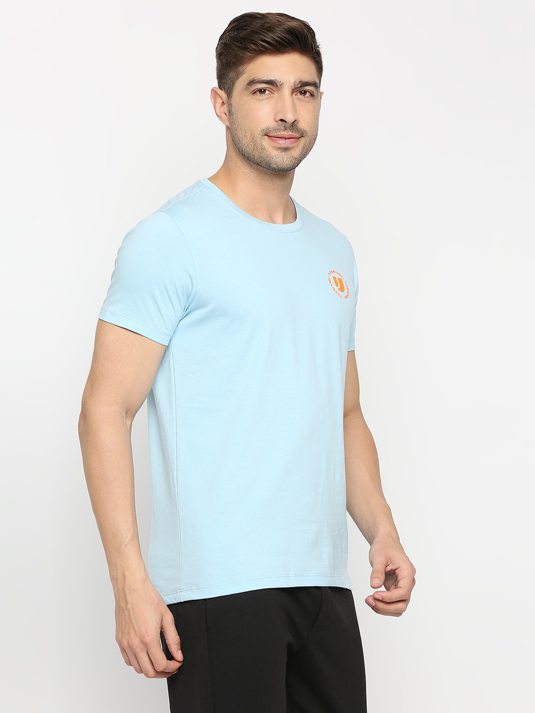 Underjeans by Spykar Men POWDER BLUE Cotton Round Neck Plain Tshirt