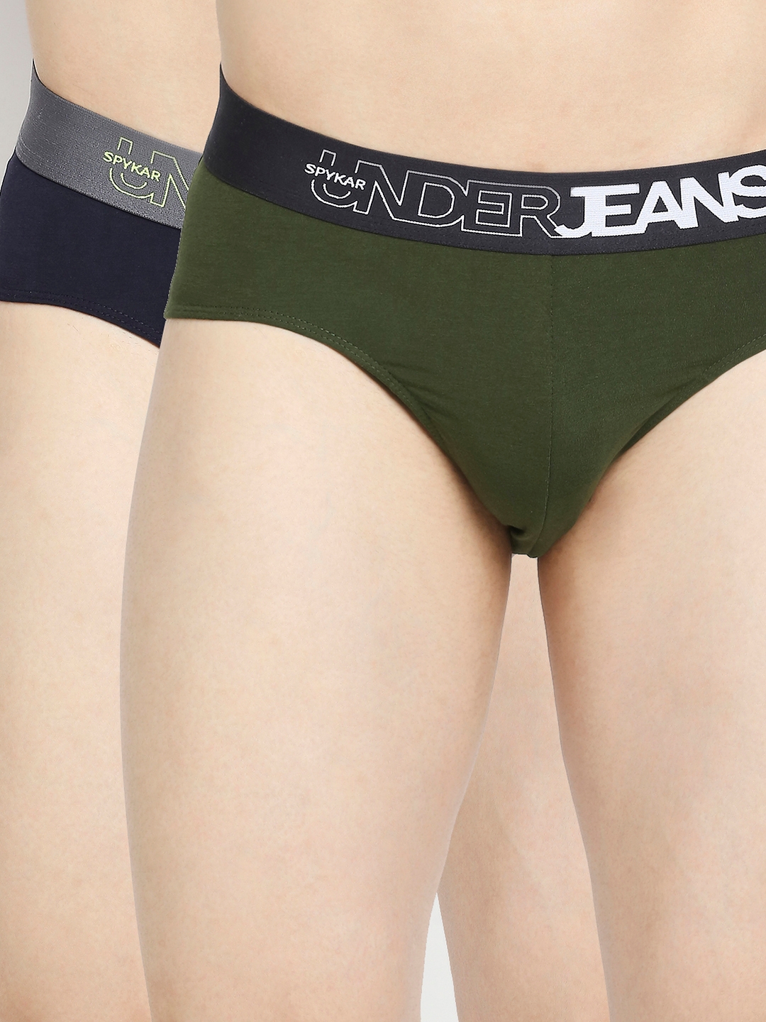 Underjeans By Spykar Navy Blue & Olive Cotton Blend Brief - Pack Of 2