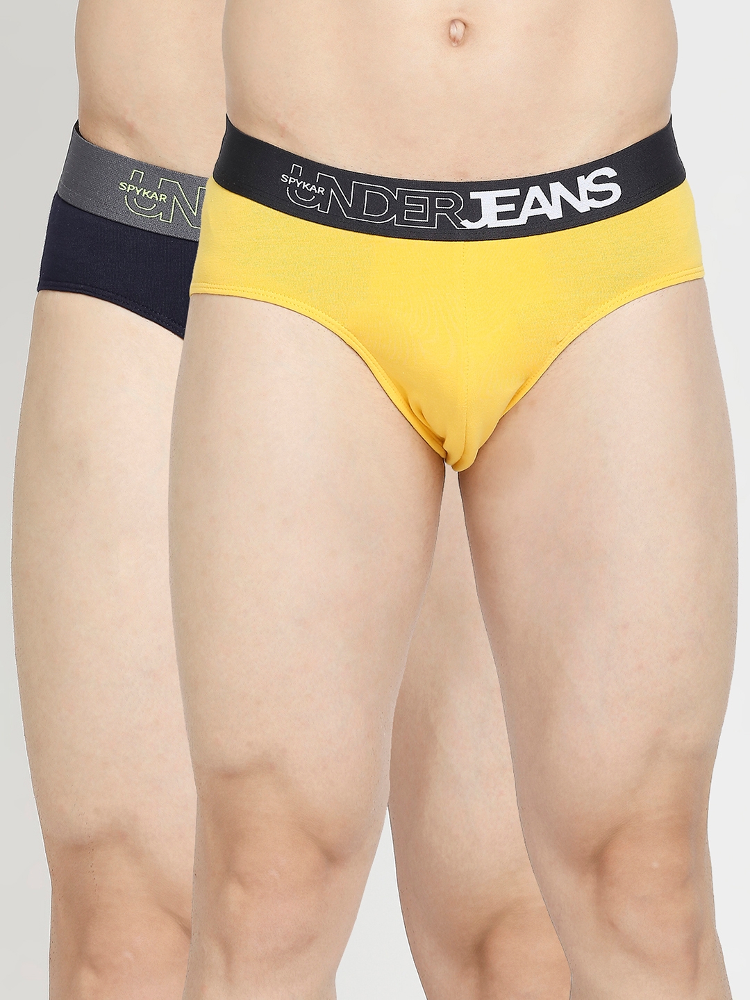 Underjeans By Spykar Yellow & Navy Blue Cotton Blend Brief - Pack Of 2