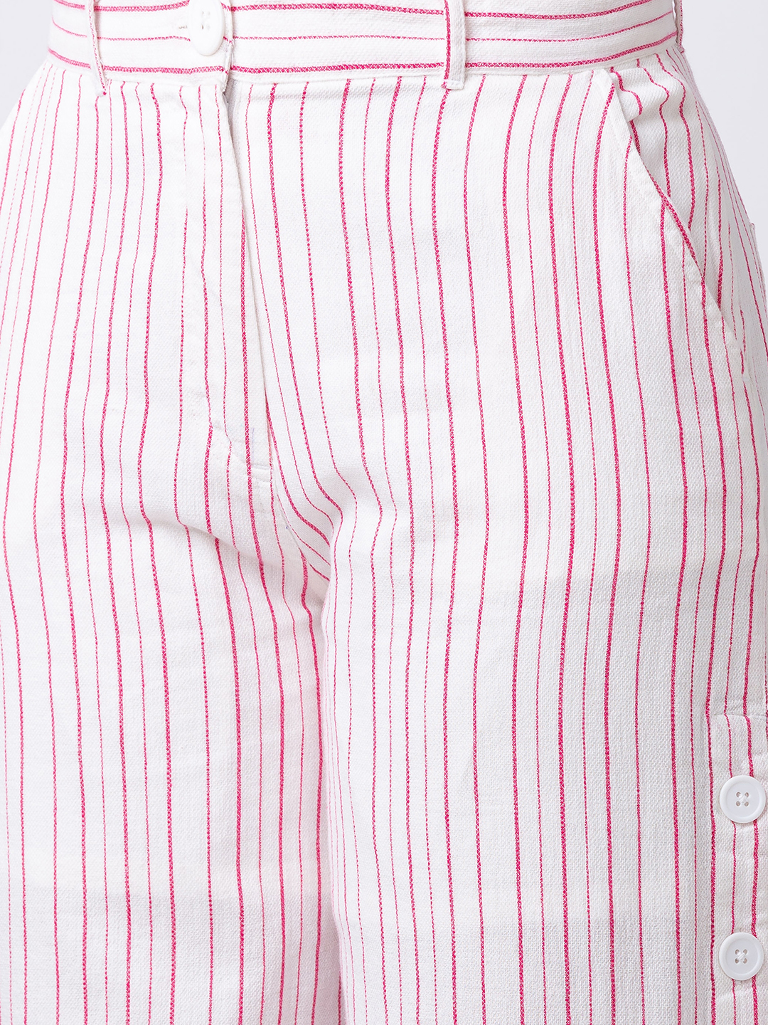 Women's Pink Cotton Blend Striped Trousers