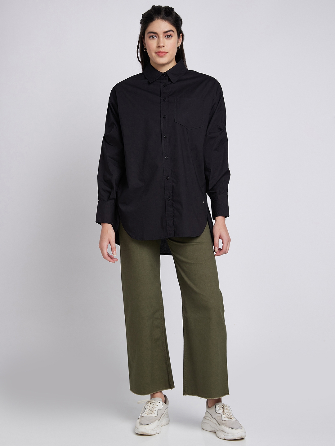 spykar | Spykar Women Black Cotton ComFort Fit Asymmetric Plain Shirt 1