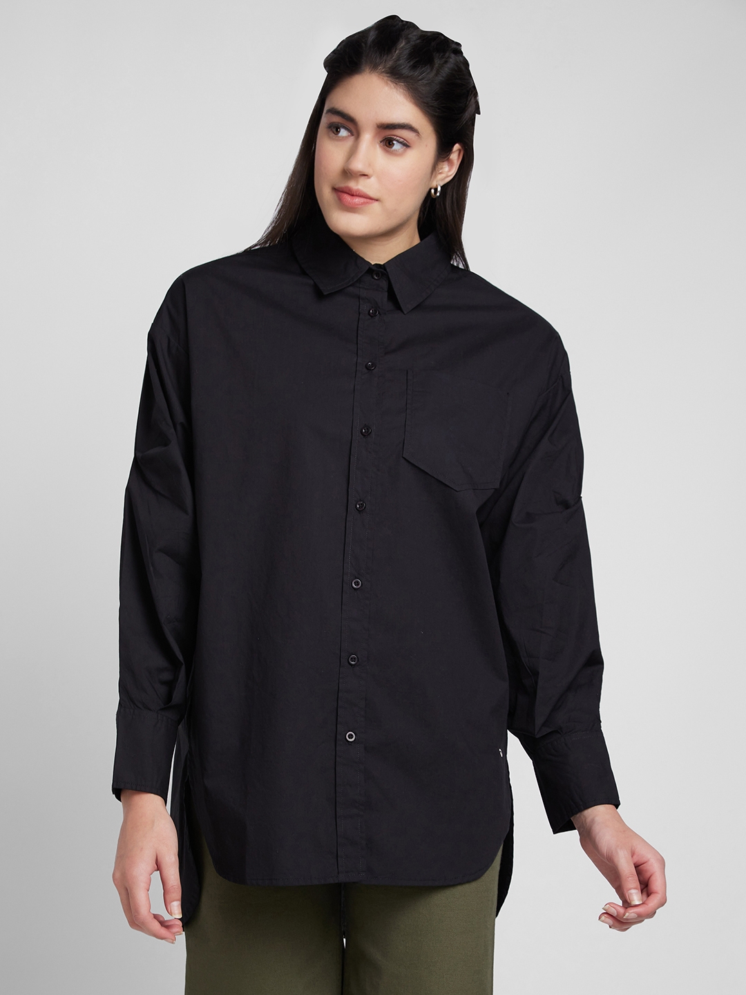 spykar | Spykar Women Black Cotton ComFort Fit Asymmetric Plain Shirt 0