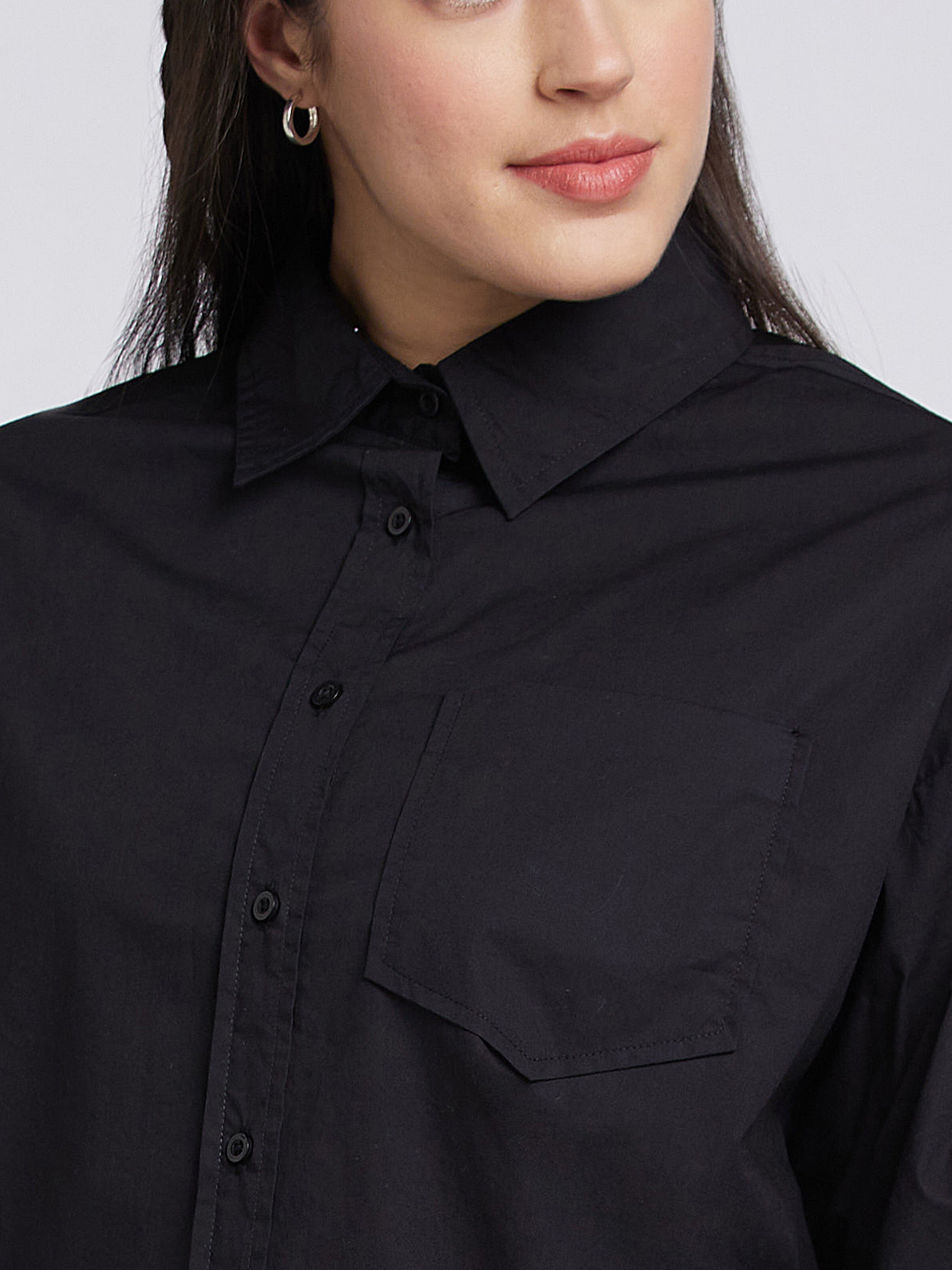 spykar | Spykar Women Black Cotton ComFort Fit Asymmetric Plain Shirt 4