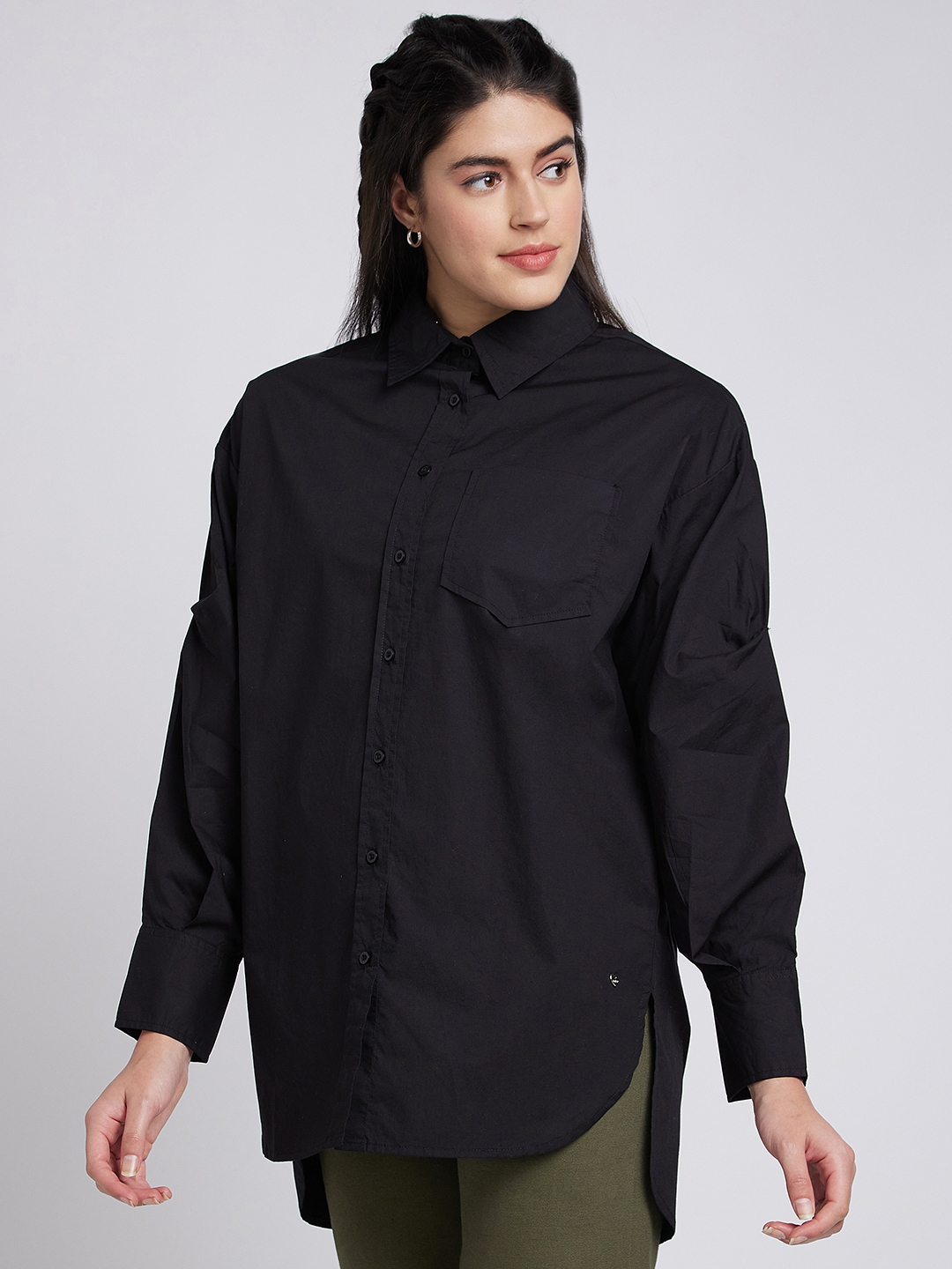 spykar | Spykar Women Black Cotton ComFort Fit Asymmetric Plain Shirt 3
