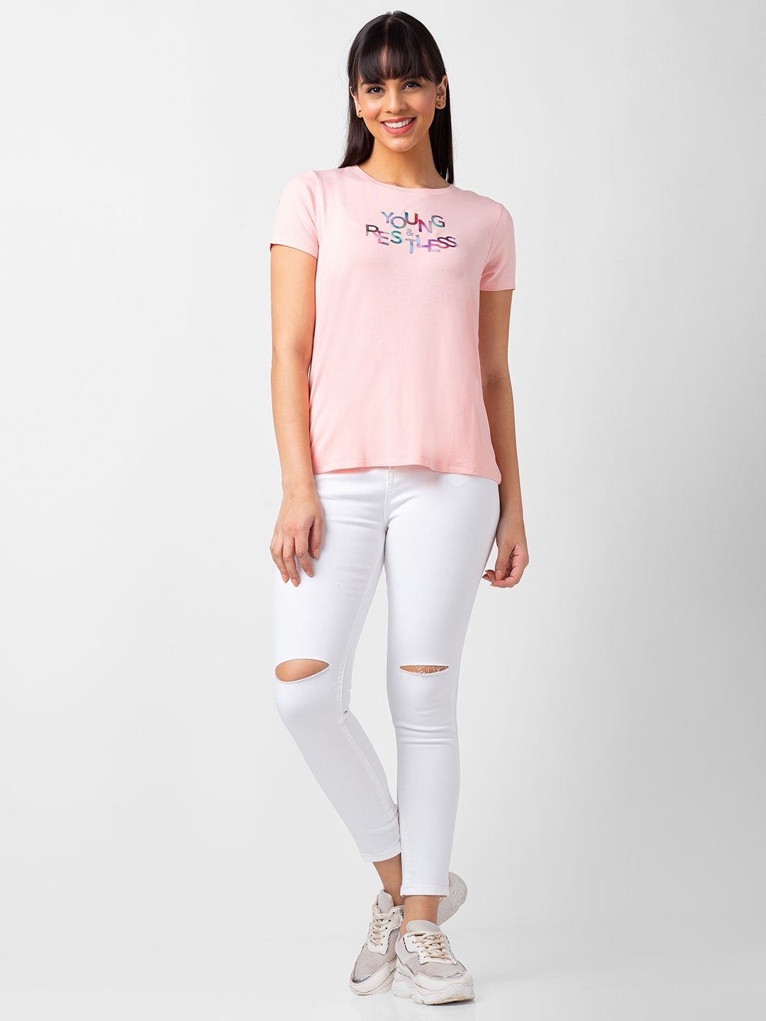 spykar | Spykar Women Pink Blended Regular Fit Half Sleeve Printed Tshirt 1