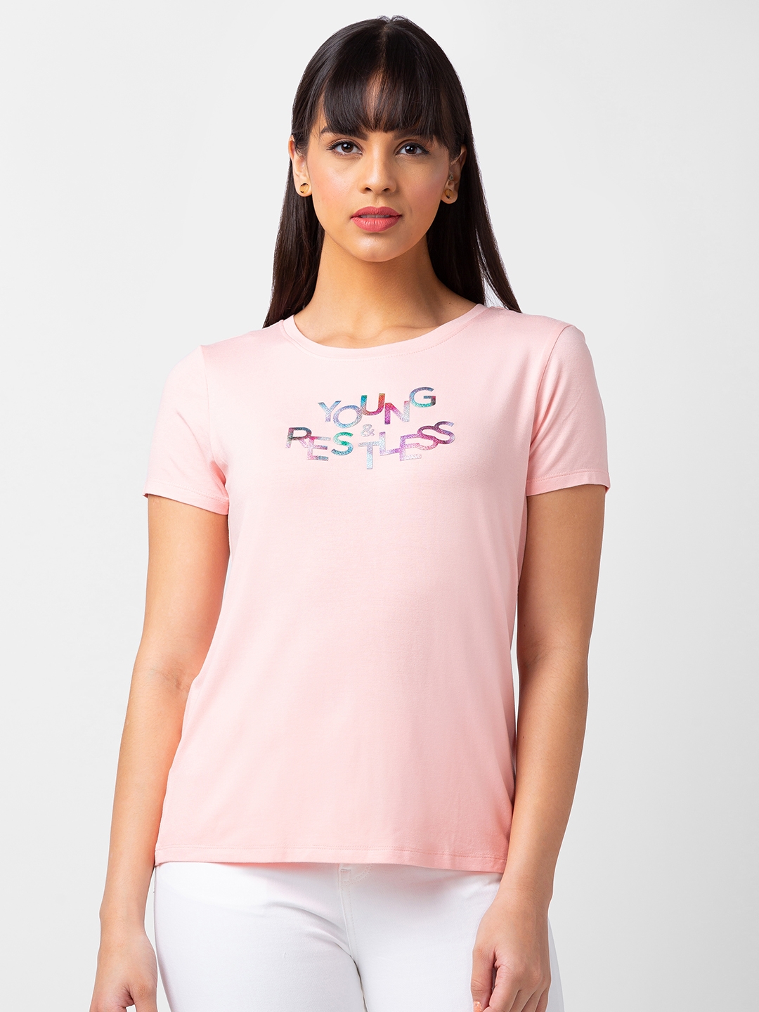 spykar | Spykar Women Pink Blended Regular Fit Half Sleeve Printed Tshirt 0