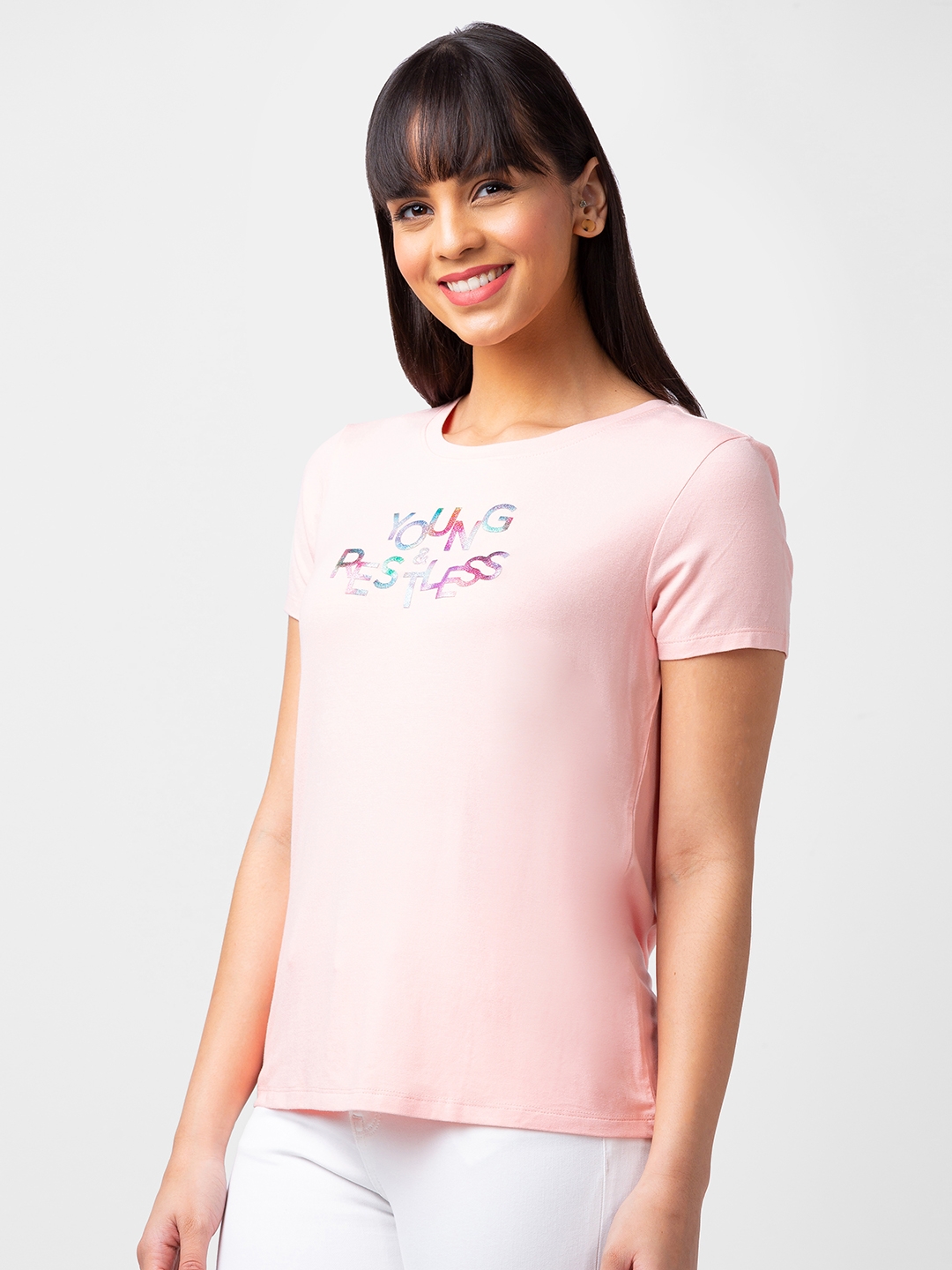 spykar | Spykar Women Pink Blended Regular Fit Half Sleeve Printed Tshirt 3