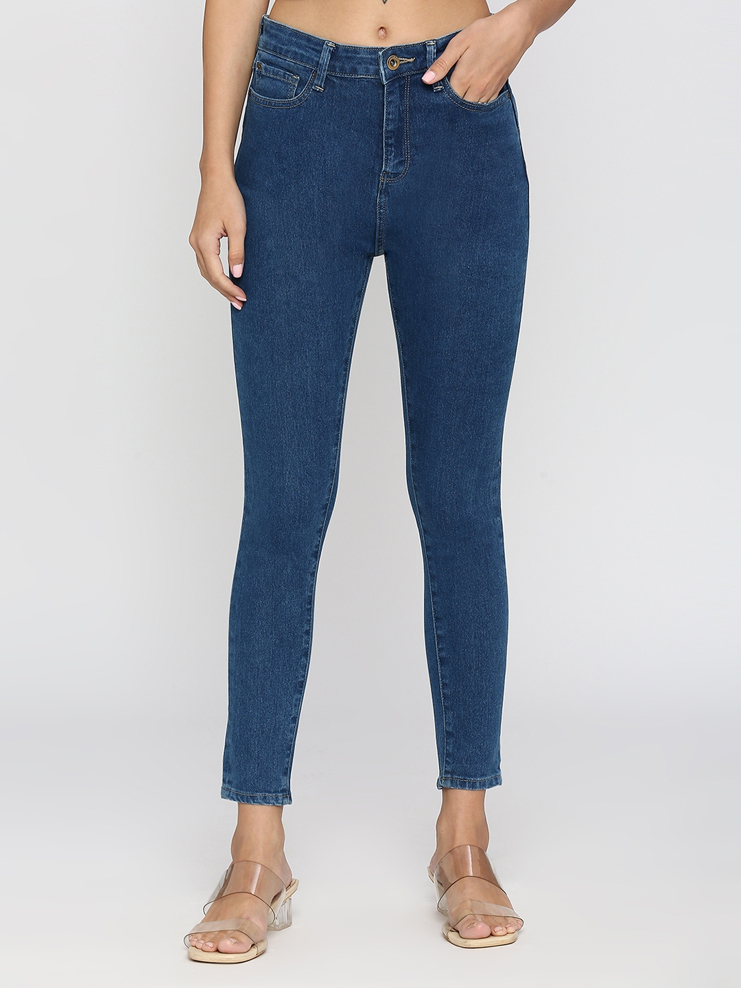 spykar | Spykar Women Mid Blue Cotton Skinny Fit Ankle Length Clean Look Mid Rise Jeans (YNR) 0