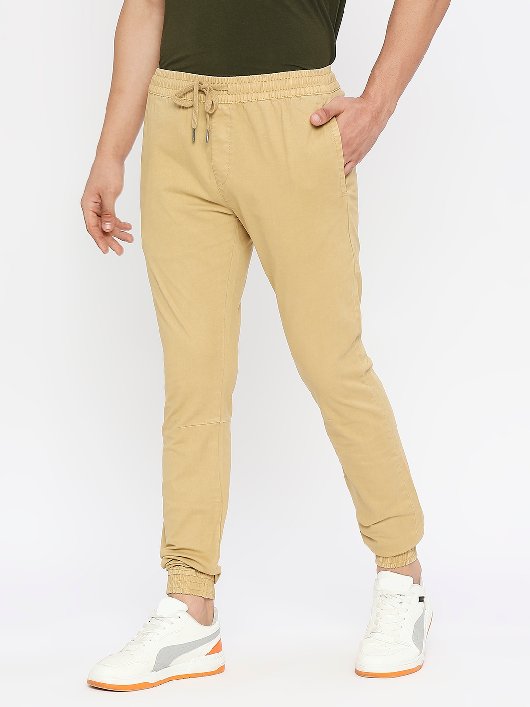 spykar | Spykar Men Camel Khaki Lycra Slim Fit Ankle Length Plain Trousers 1