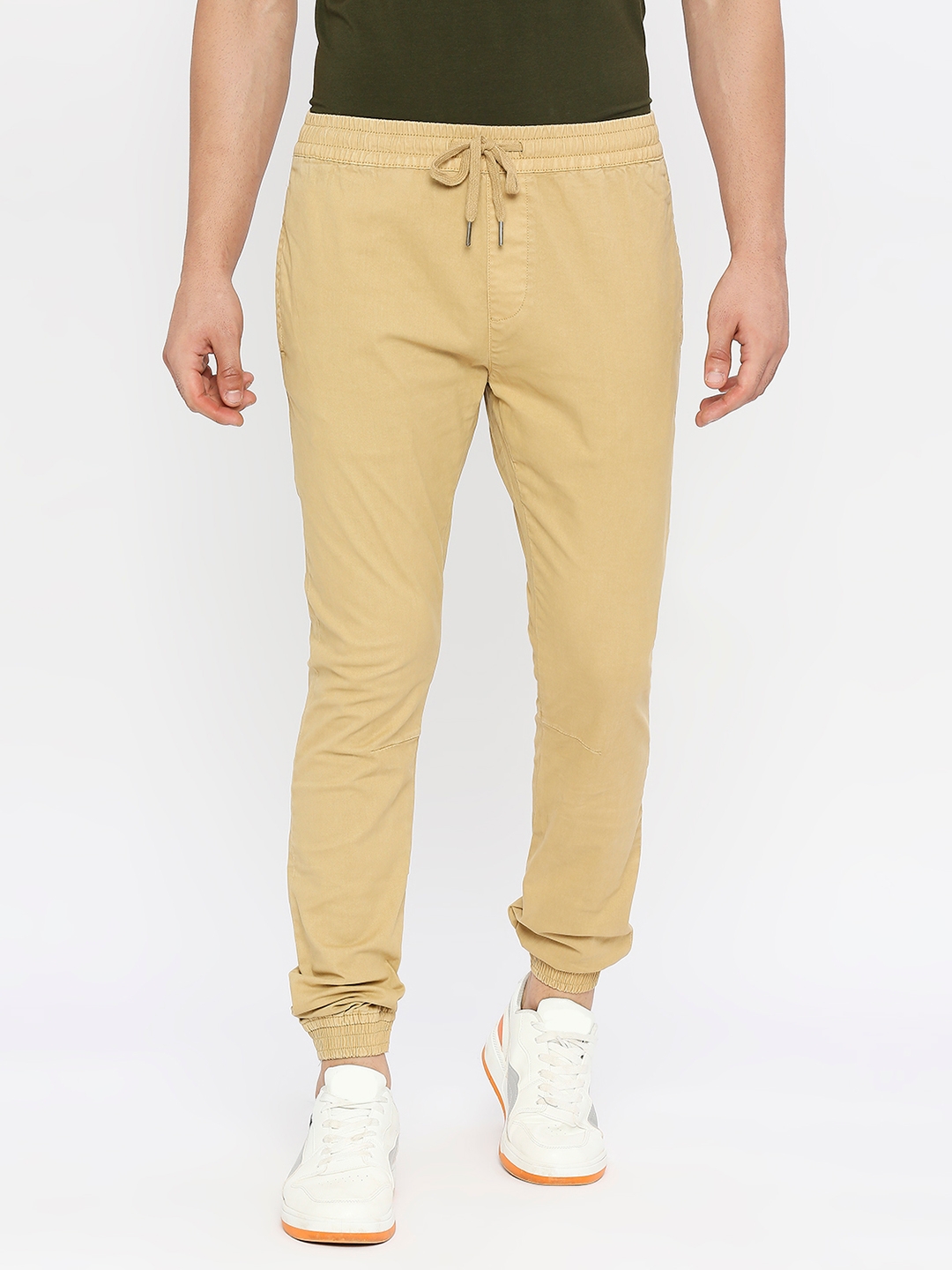 spykar | Spykar Men Camel Khaki Lycra Slim Fit Ankle Length Plain Trousers 0