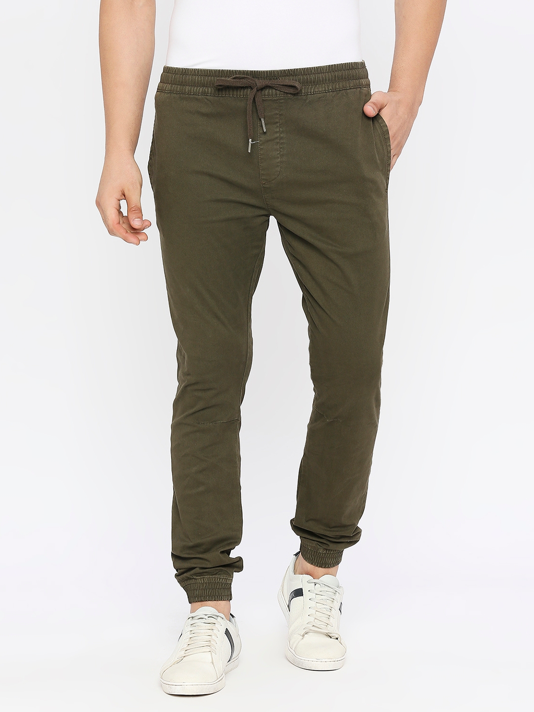 spykar | Spykar Men Military Green Lycra Slim Fit Ankle Length Plain Trousers 0