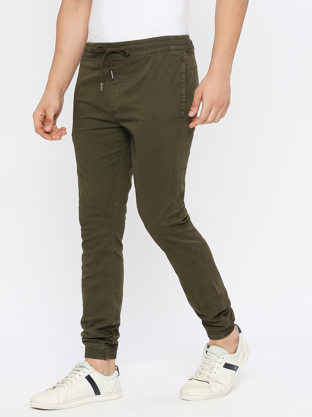 spykar | Spykar Men Military Green Lycra Slim Fit Ankle Length Plain Trousers 1