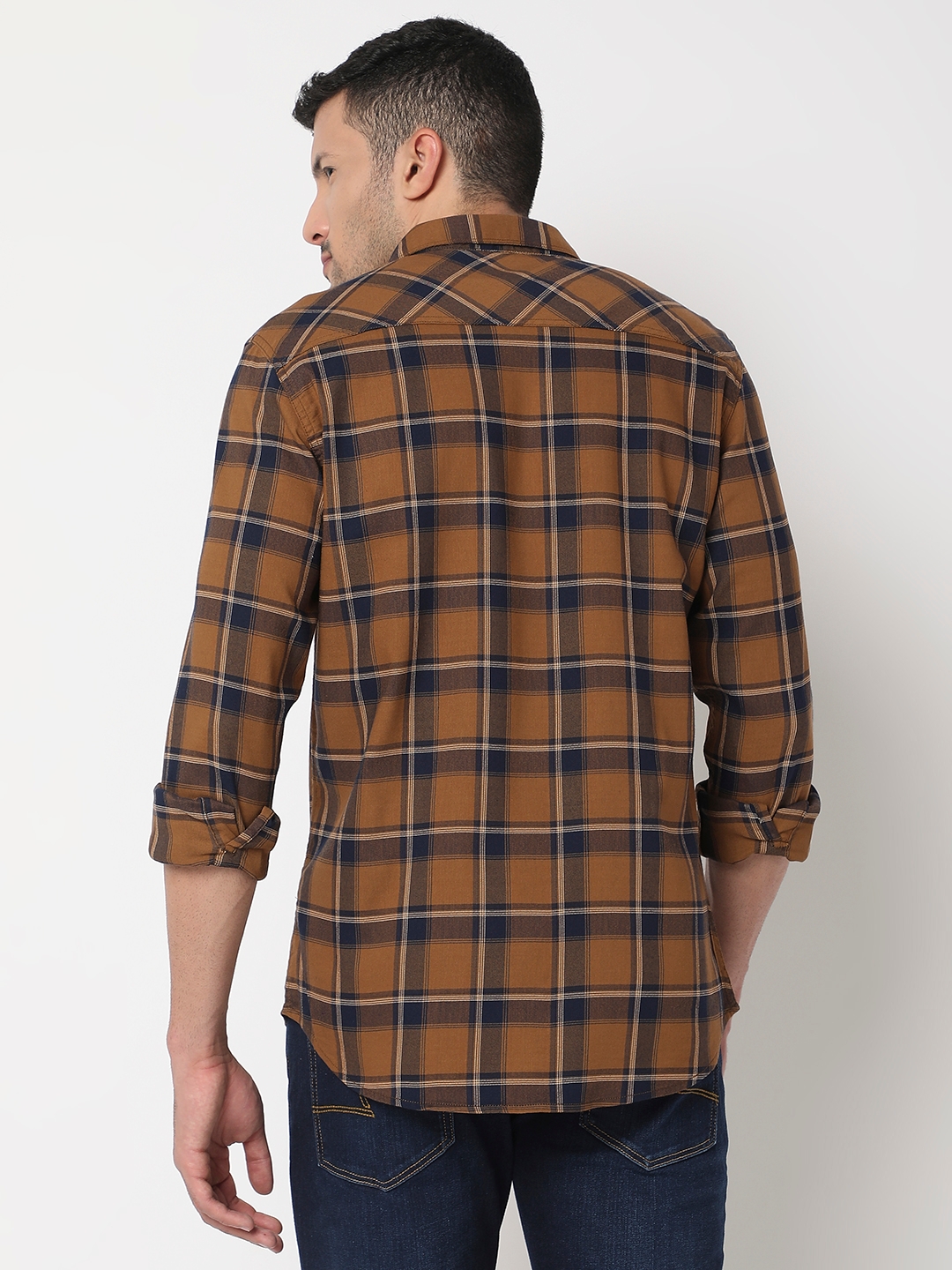 spykar | Spykar Men Khaki Cotton Slim Fit Checkered Shirt 3