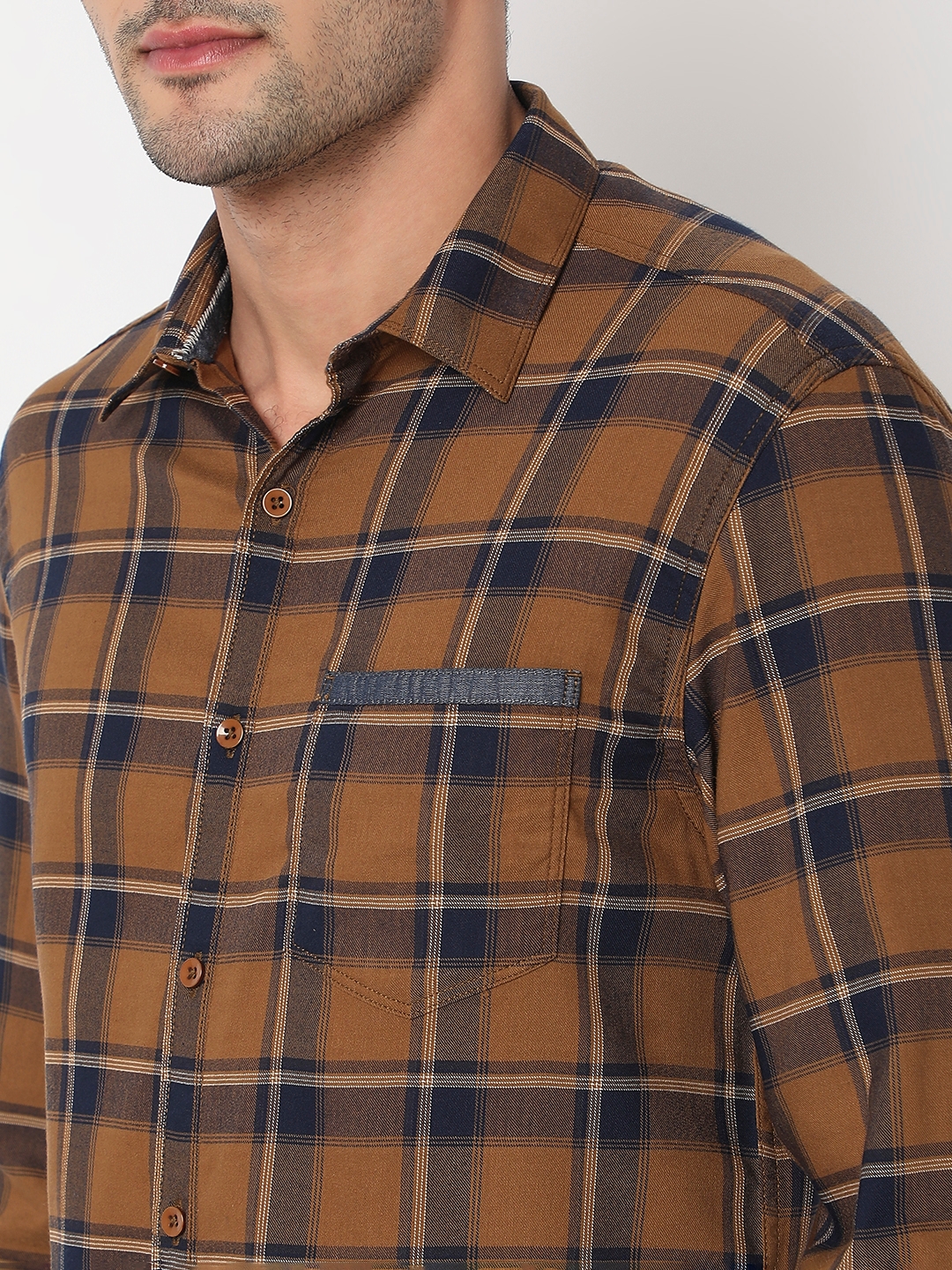 spykar | Spykar Men Khaki Cotton Slim Fit Checkered Shirt 4