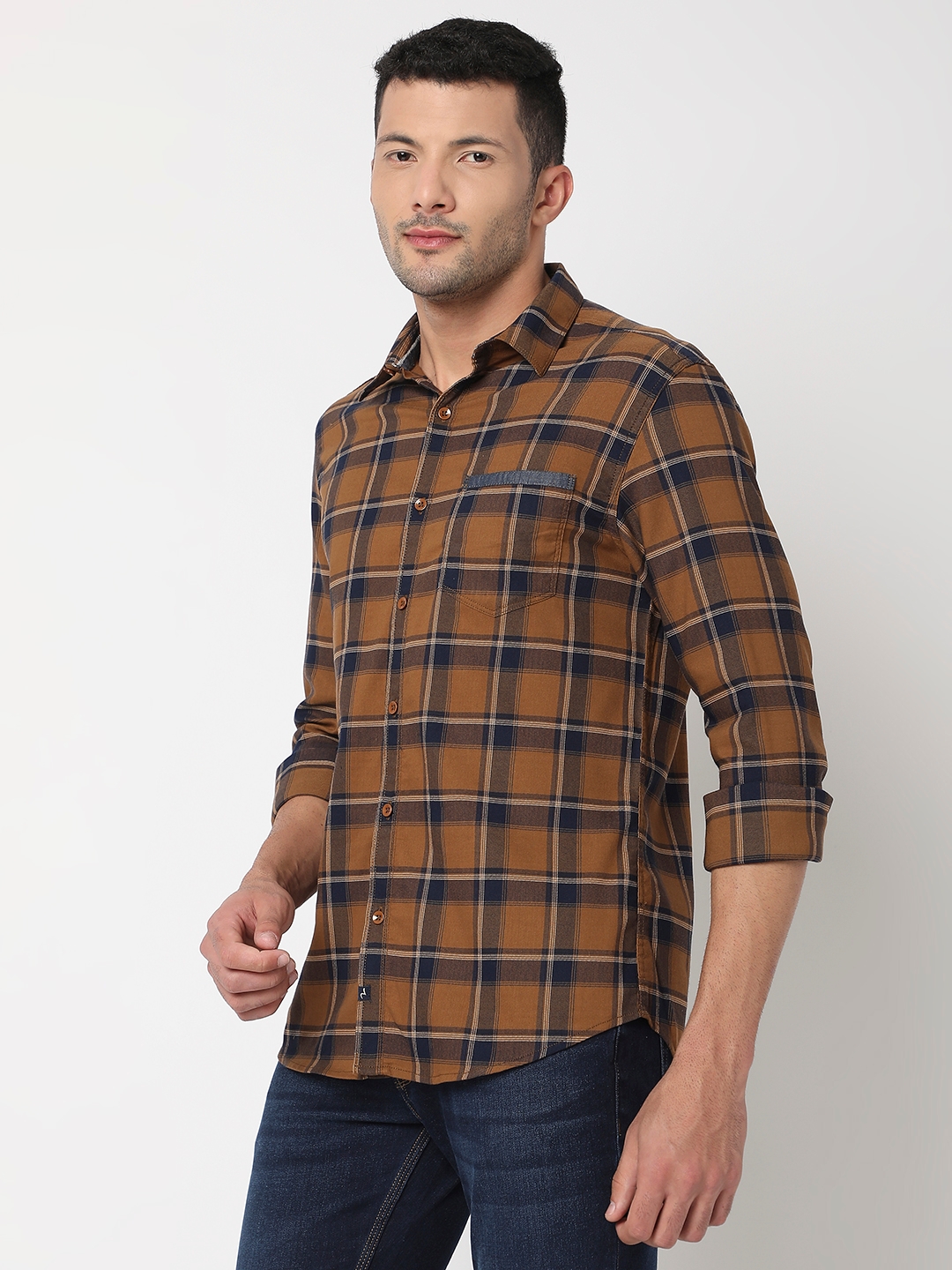 spykar | Spykar Men Khaki Cotton Slim Fit Checkered Shirt 1
