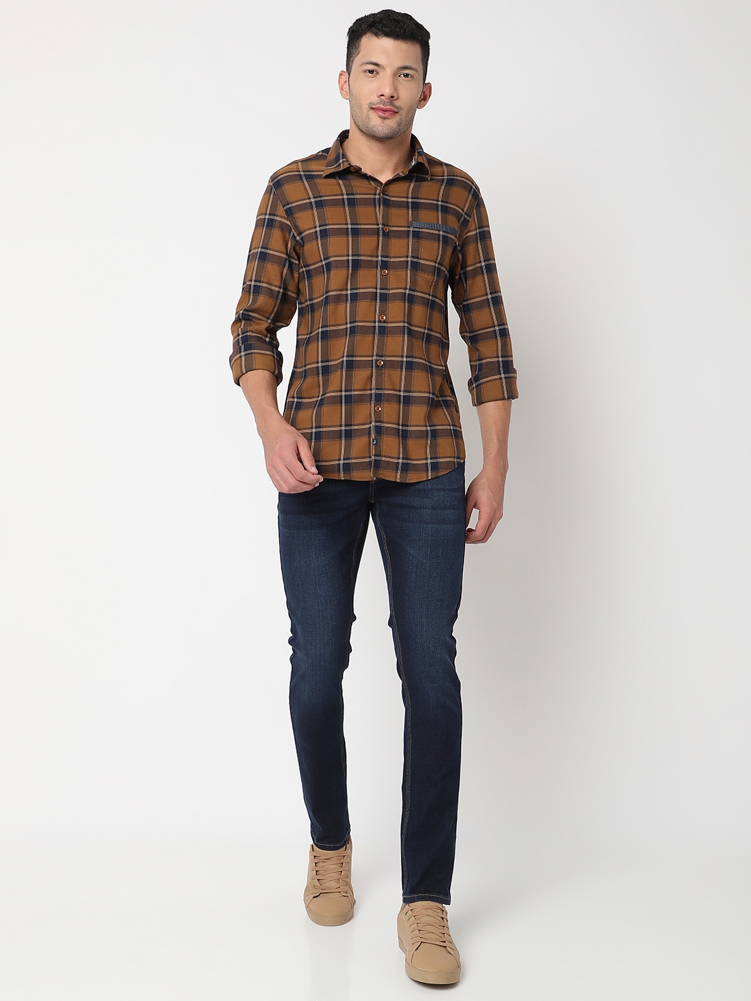 spykar | Spykar Men Khaki Cotton Slim Fit Checkered Shirt 5