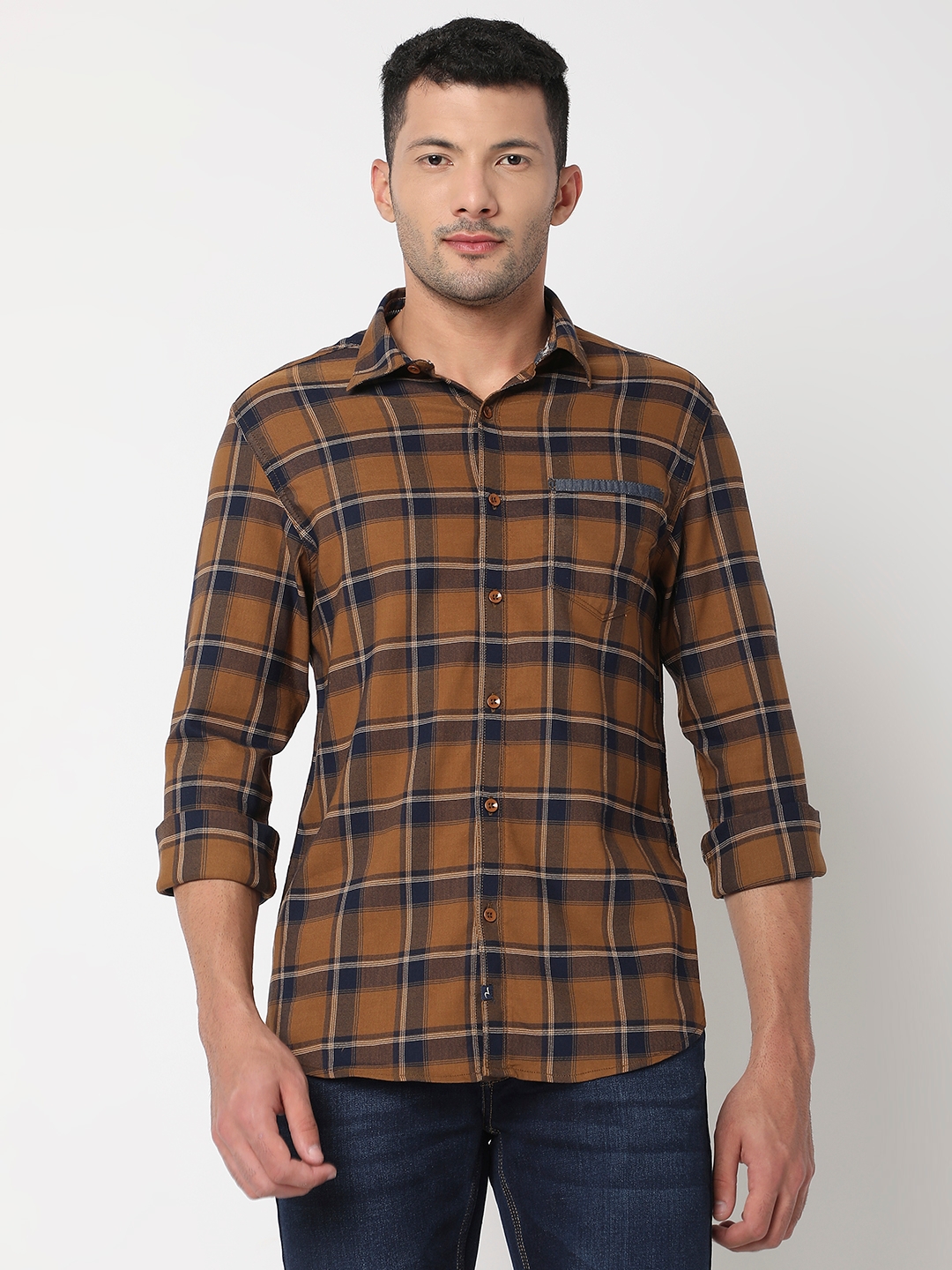 spykar | Spykar Men Khaki Cotton Slim Fit Checkered Shirt 0