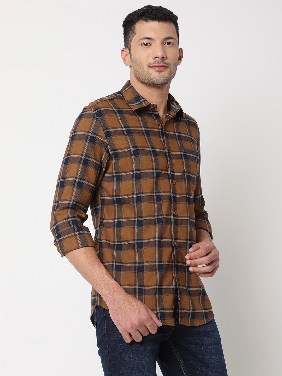 spykar | Spykar Men Khaki Cotton Slim Fit Checkered Shirt 2