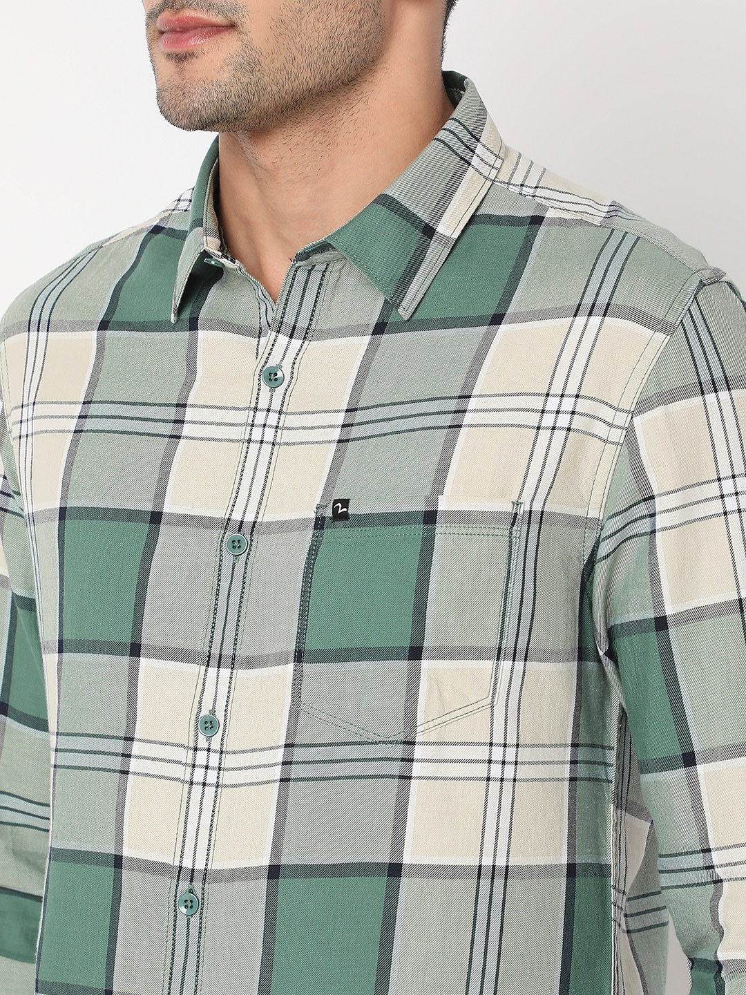 Spykar Men Sage Green Cotton Slim Fit Checkered Shirt