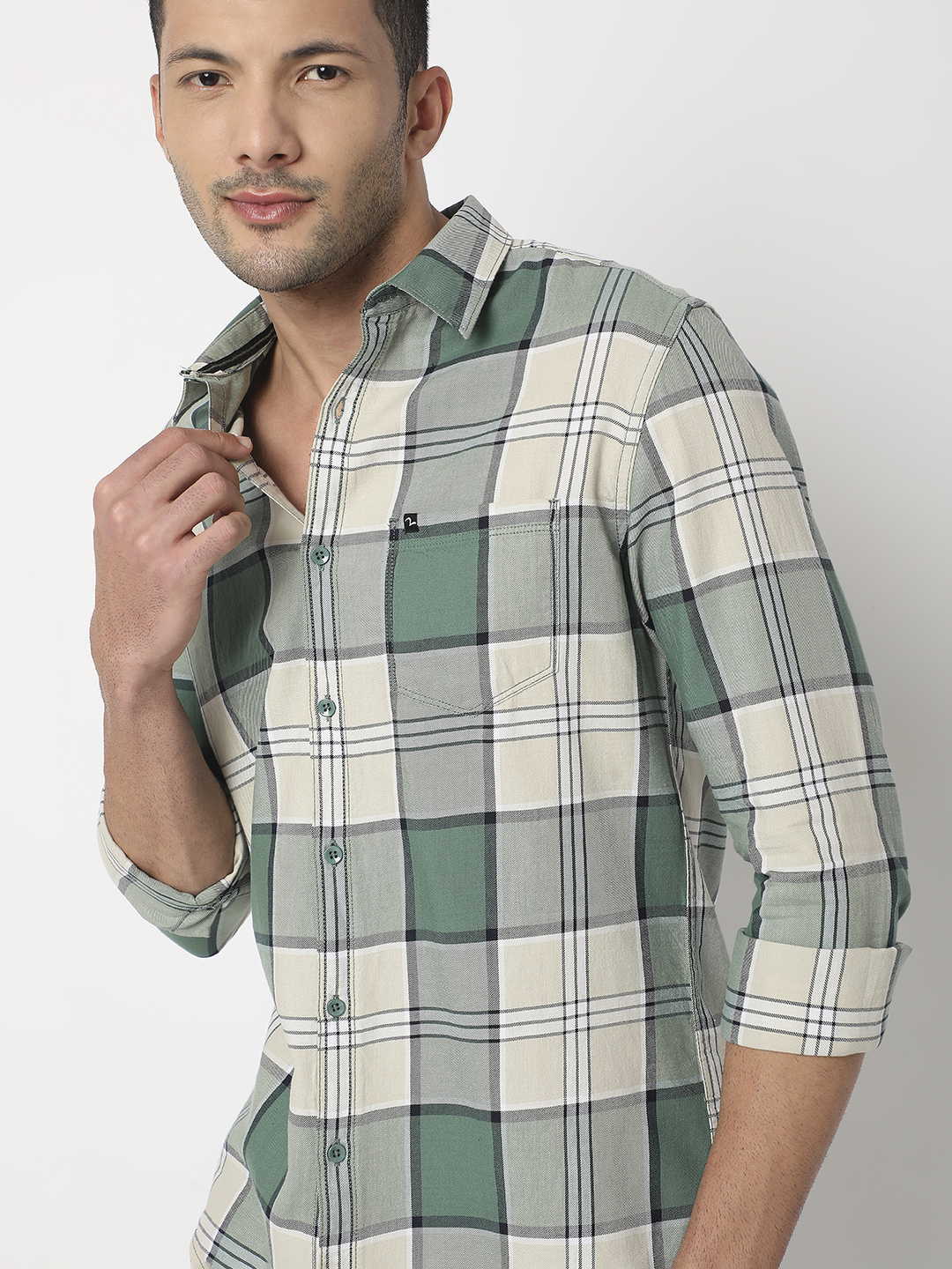 Spykar Men Sage Green Cotton Slim Fit Checkered Shirt