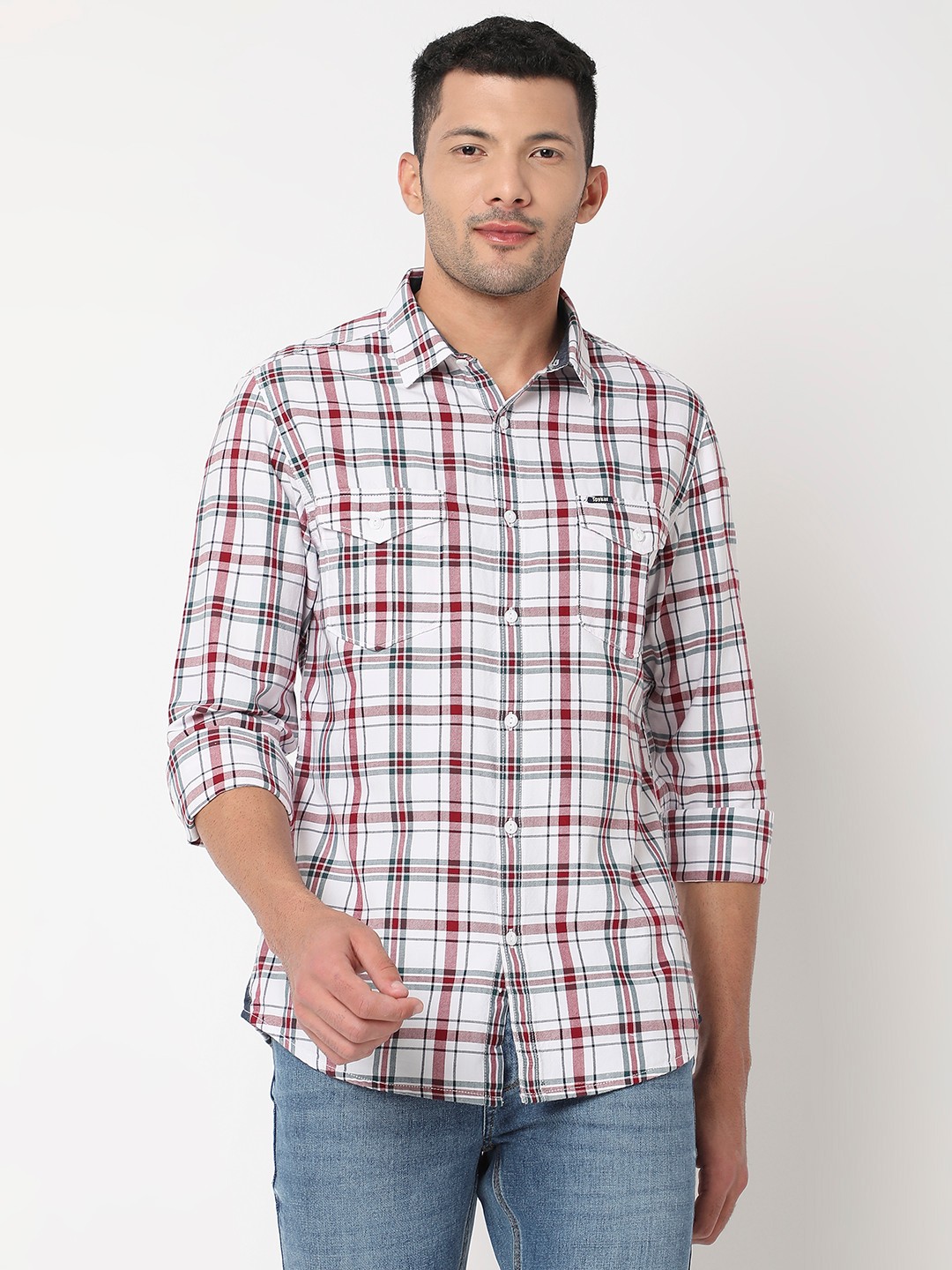 Spykar Men Beige & Wine Red Cotton Slim Fit Checkered Shirt