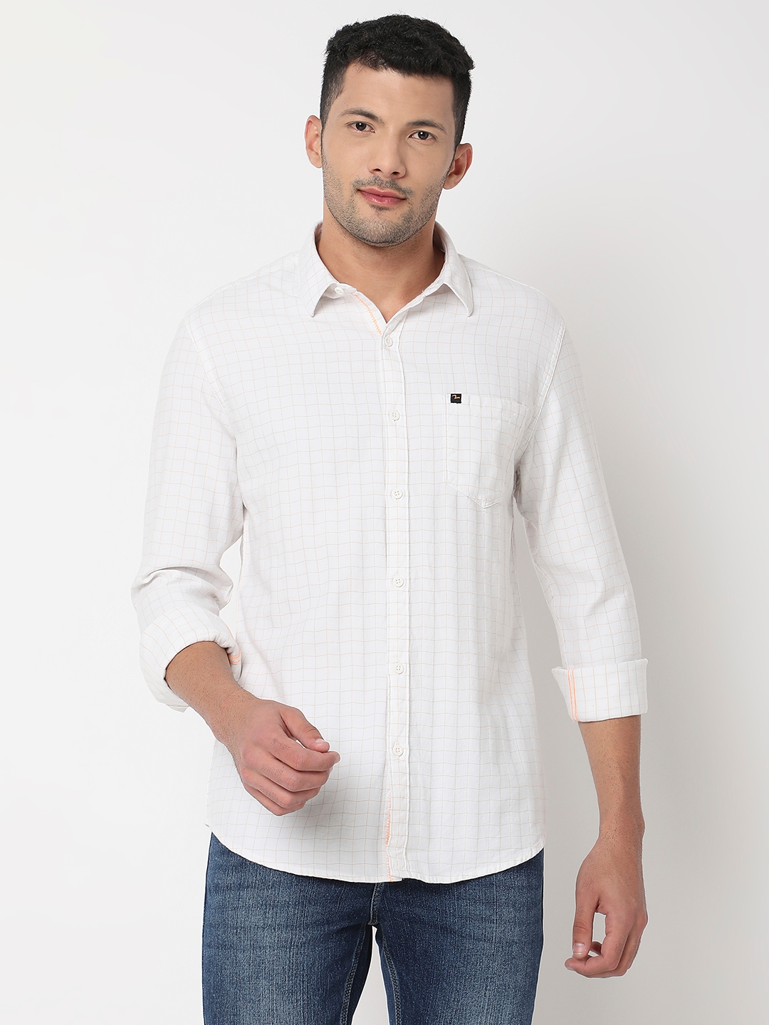 spykar | Spykar Men White & Khaki Cotton Slim Fit Checkered Shirt 0